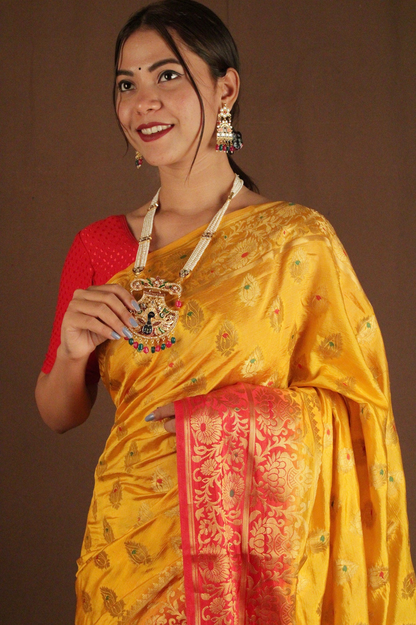 Yellow-Red Kanjivaram woven zari Wrap in 1 minute saree - Isadora Life Online Shopping Store