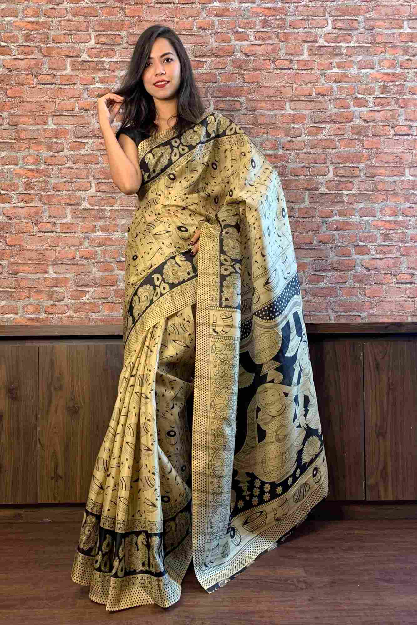 Beige and black art silk wrap in 1 minute saree - Isadora Life Online Shopping Store