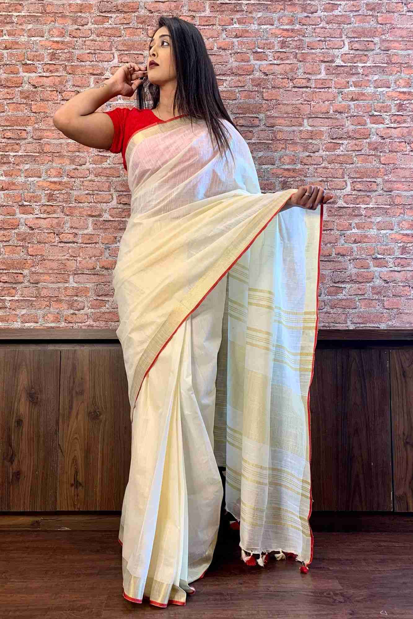 Off white bhagalpuri line with zari & red tiny border wrap in 1 minute saree - Isadora Life Online Shopping Store