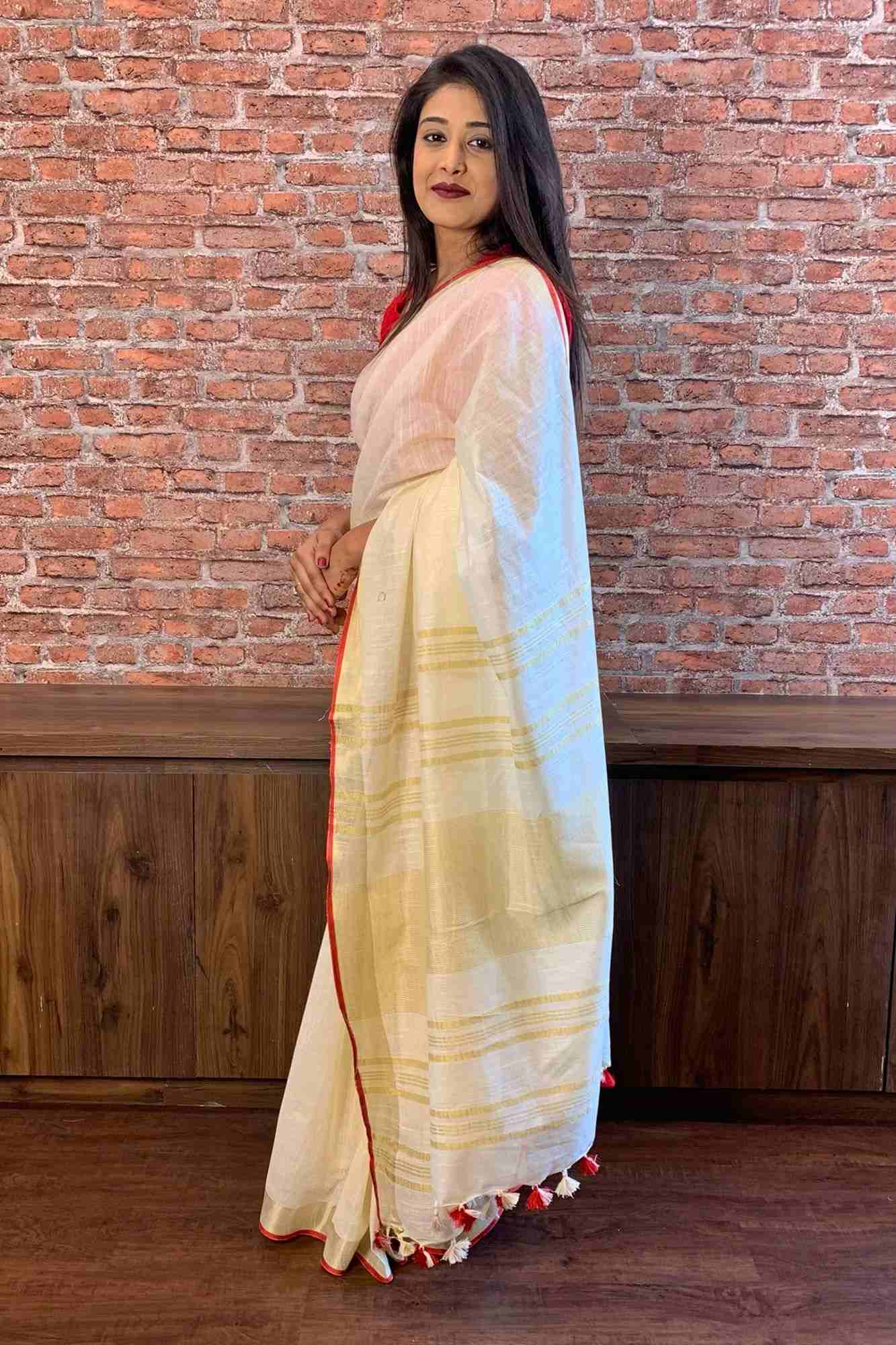Off white bhagalpuri line with zari & red tiny border wrap in 1 minute saree - Isadora Life Online Shopping Store