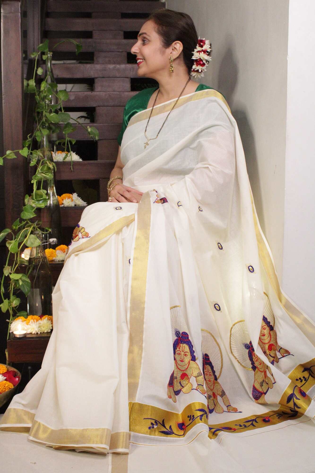 Kerala Kasavu with balgopal embroidered pallu predraped stitched 1 minute saree - Isadora Life Online Shopping Store