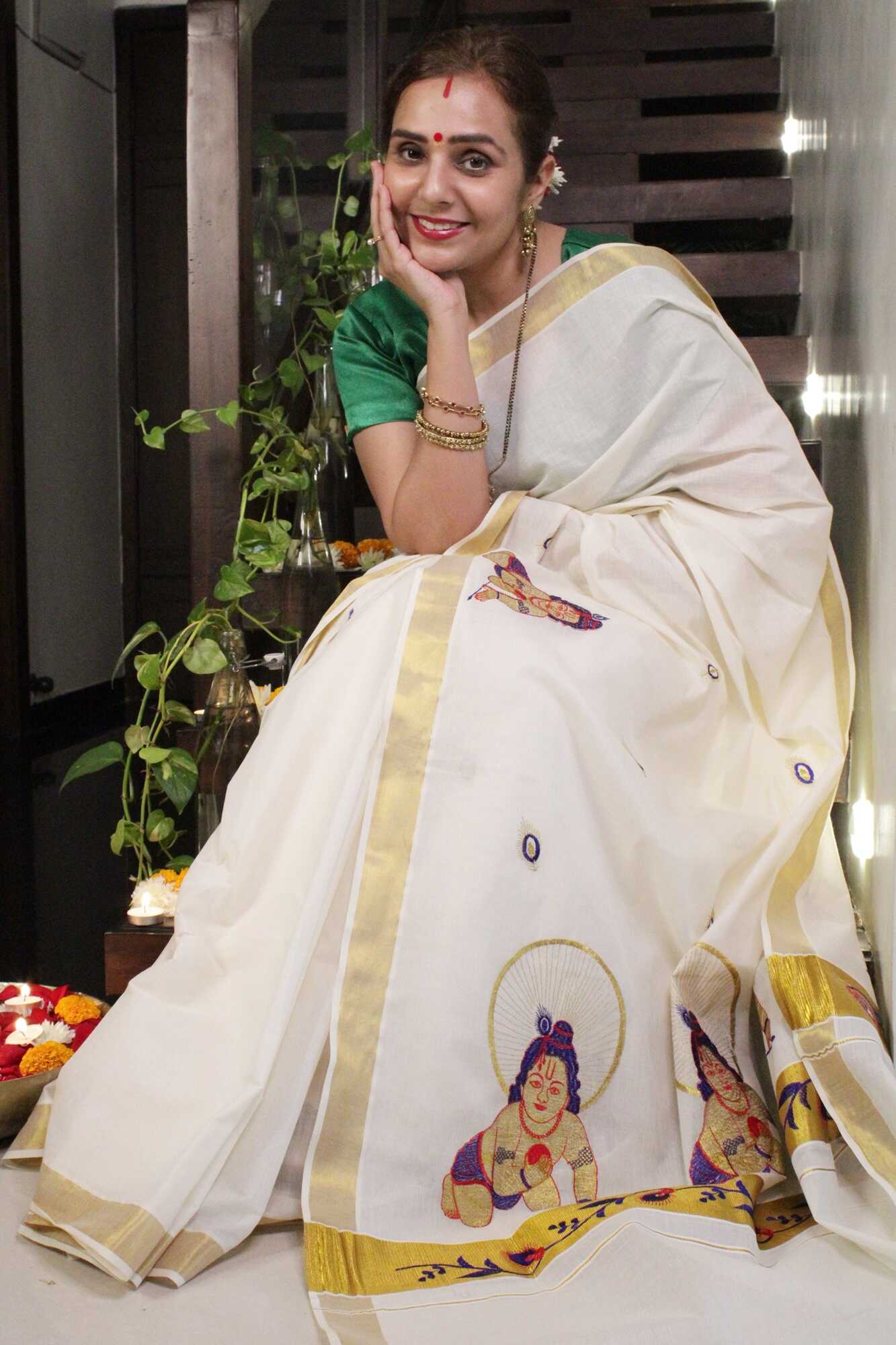 Kerala Kasavu with balgopal embroidered pallu predraped stitched 1 minute saree - Isadora Life Online Shopping Store