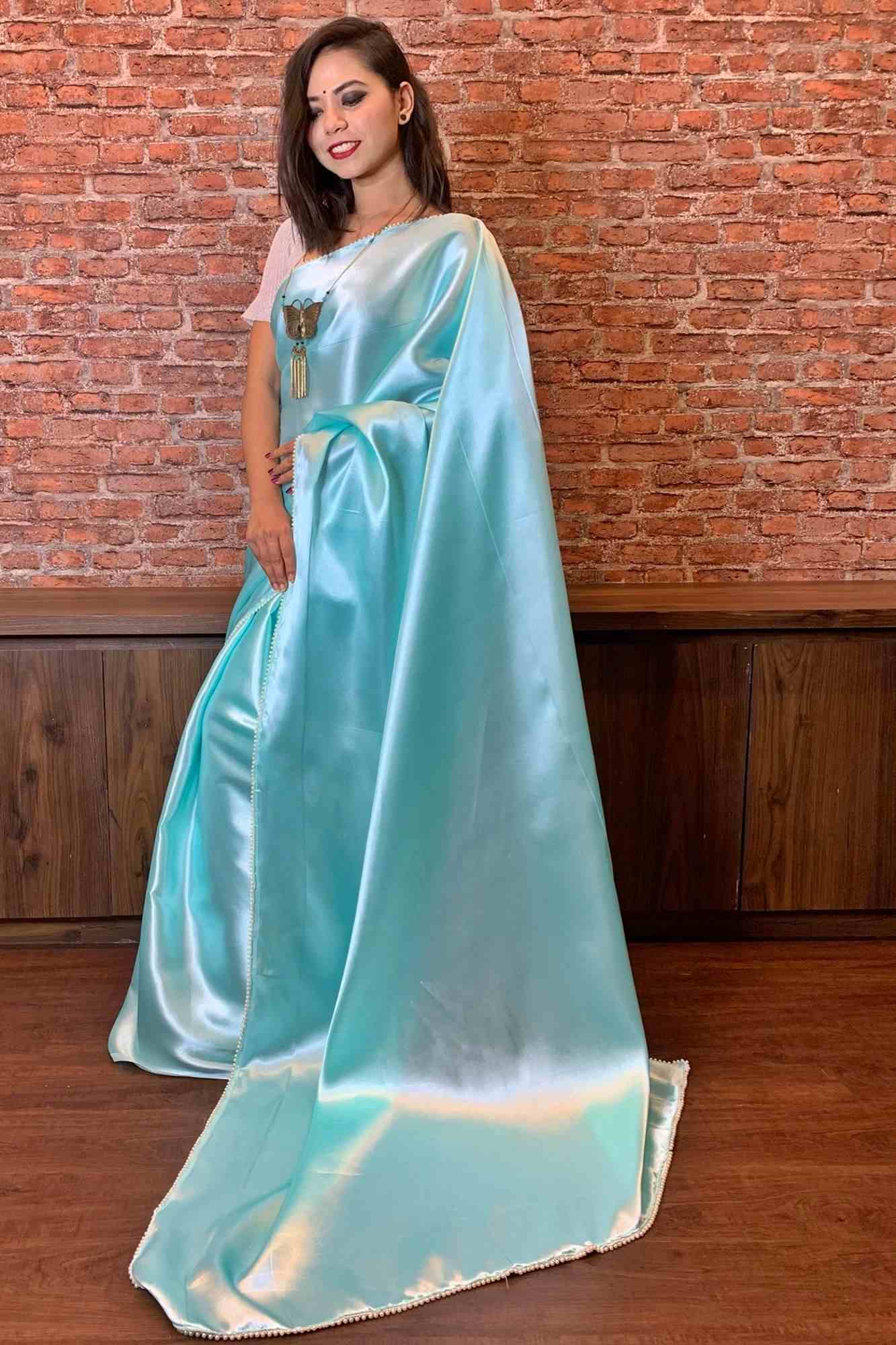 Light mint green satin with moti lace wrap in 1 minute saree - Isadora Life Online Shopping Store