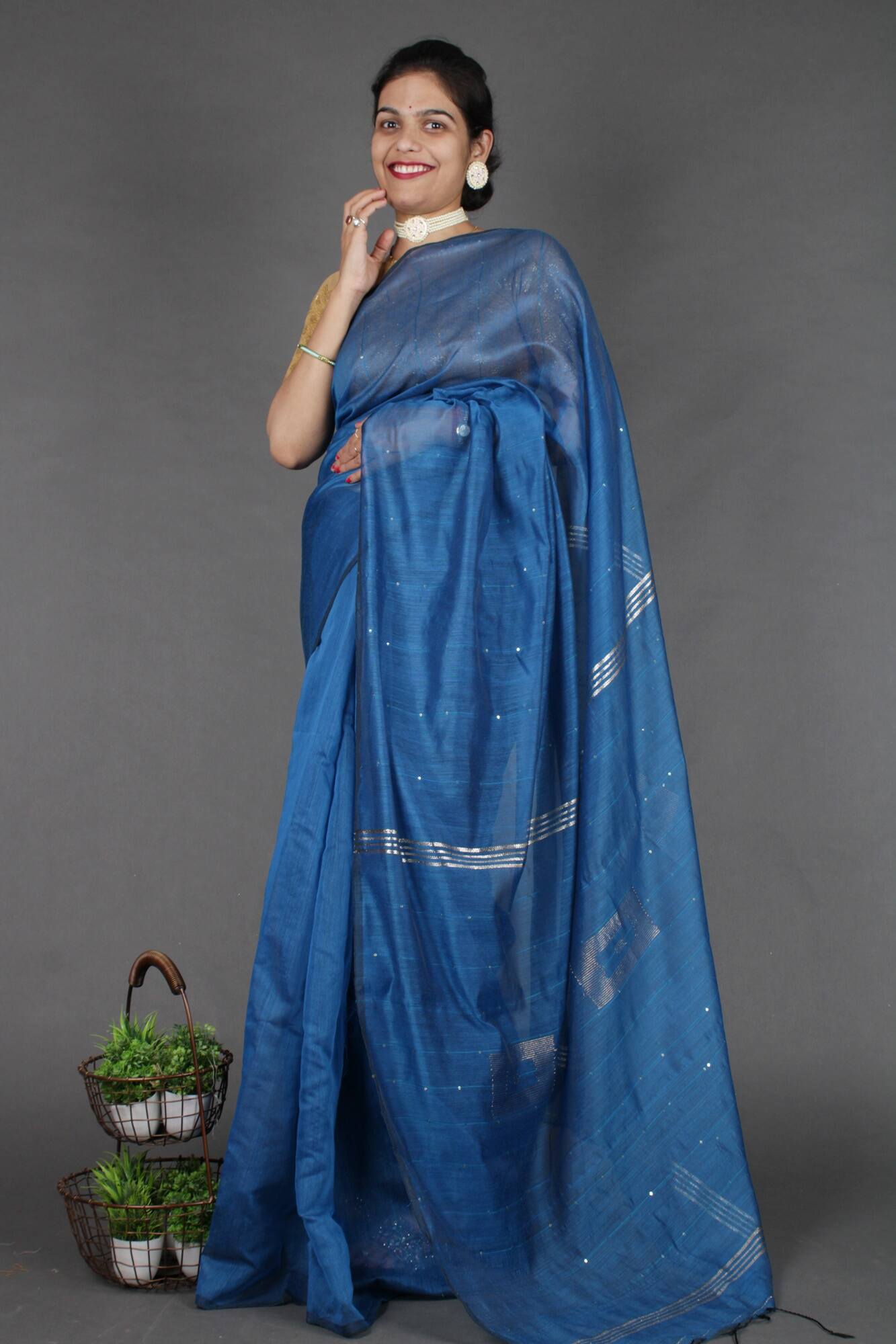 Teal Blue Cotton Silk Pure Handloom Saree With Sequin Block Work and Zari wrap in 1 minute saree - Isadora Life Online Shopping Store