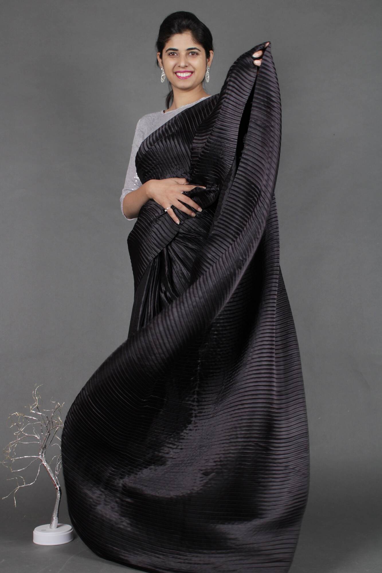 Black Georgette Silk Pleated Crush Heavy Wrap in 1 minute saree - Isadora Life Online Shopping Store