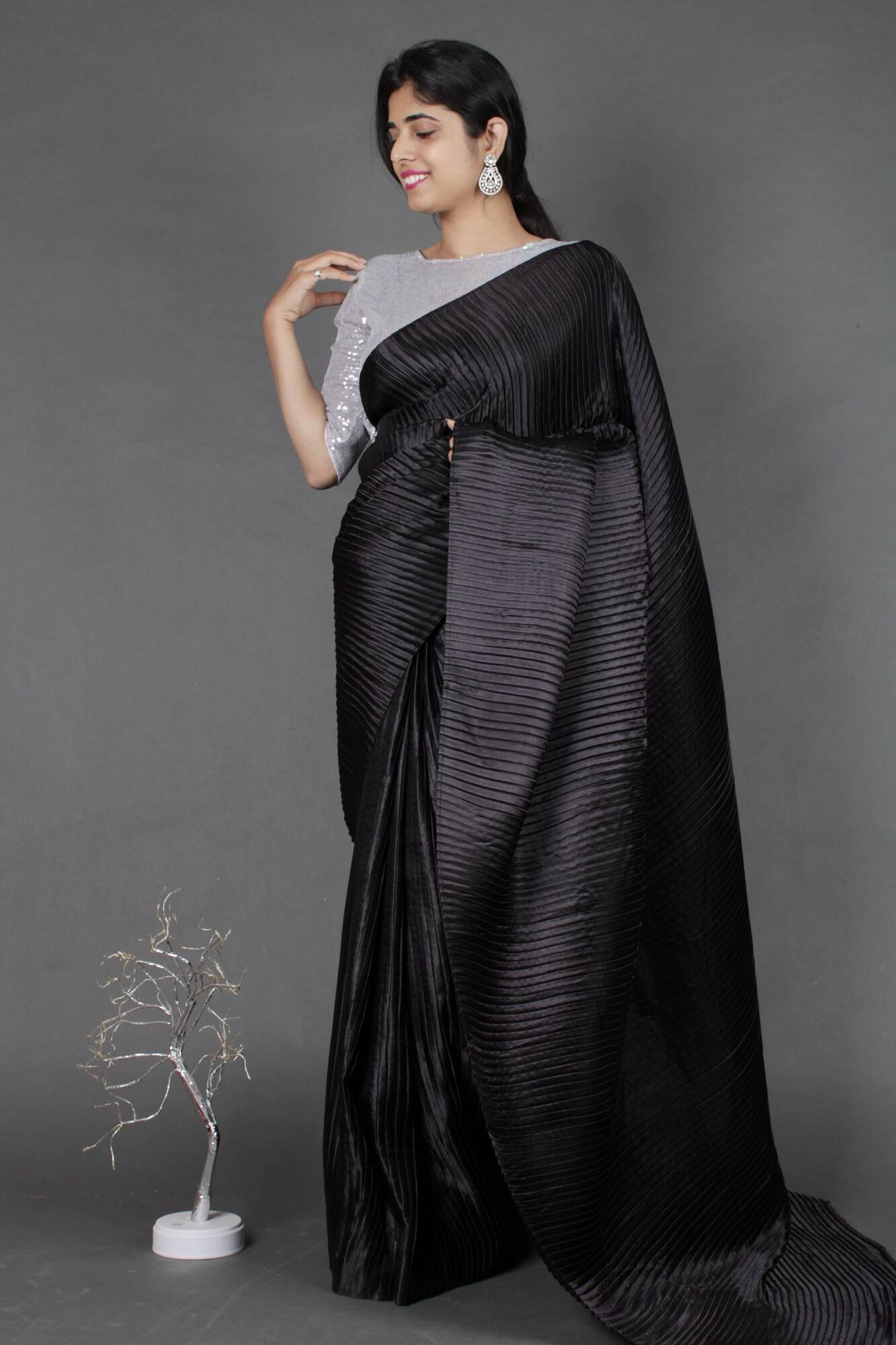 Black Georgette Silk Pleated Crush Heavy Wrap in 1 minute saree - Isadora Life Online Shopping Store