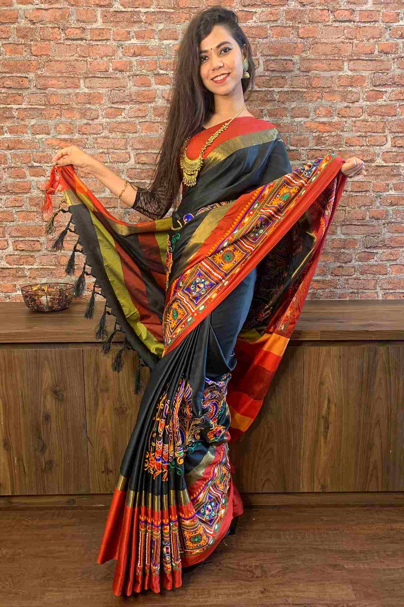 Cotton silk kutchi heavy embroidered wrap in 1 minute saree - Isadora Life Online Shopping Store