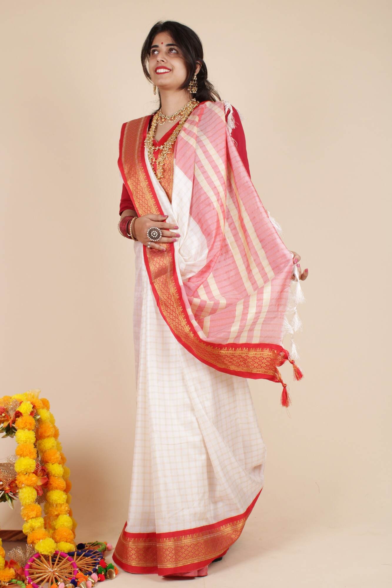 White and red silk Gadwal all over the check, pallu zari work wrap in 1 minute saree - Isadora Life Online Shopping Store
