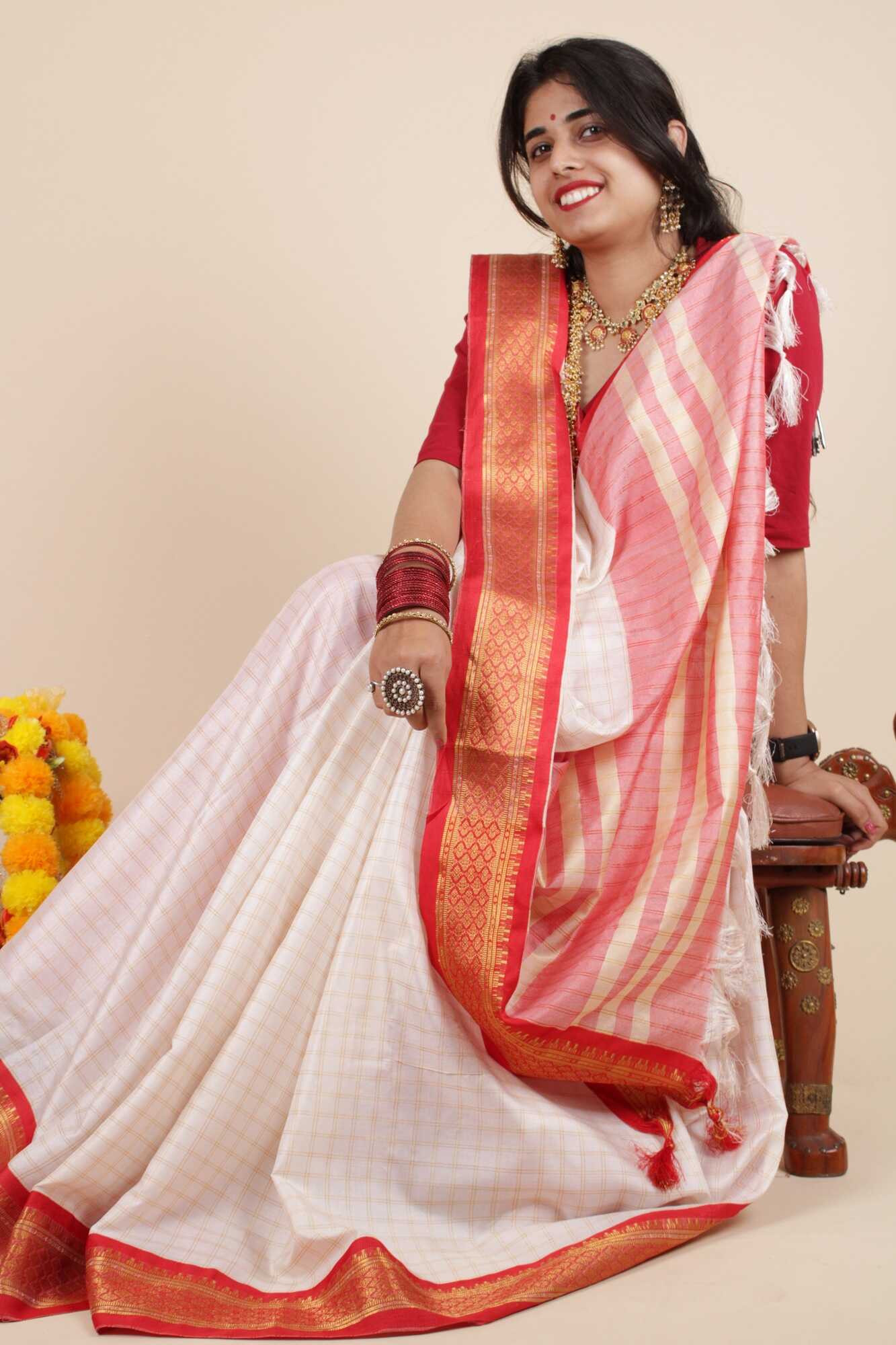 White and red silk Gadwal all over the check, pallu zari work wrap in 1 minute saree - Isadora Life Online Shopping Store