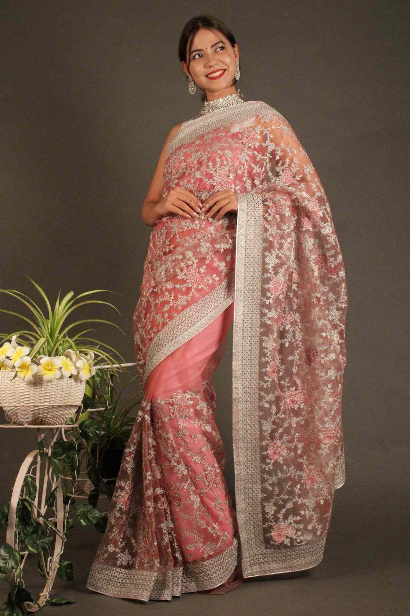 Pink Floral Zari thread Embroidered twinkiling Net Wrap in 1 minute saree with ready blouse - Isadora Life Online Shopping Store