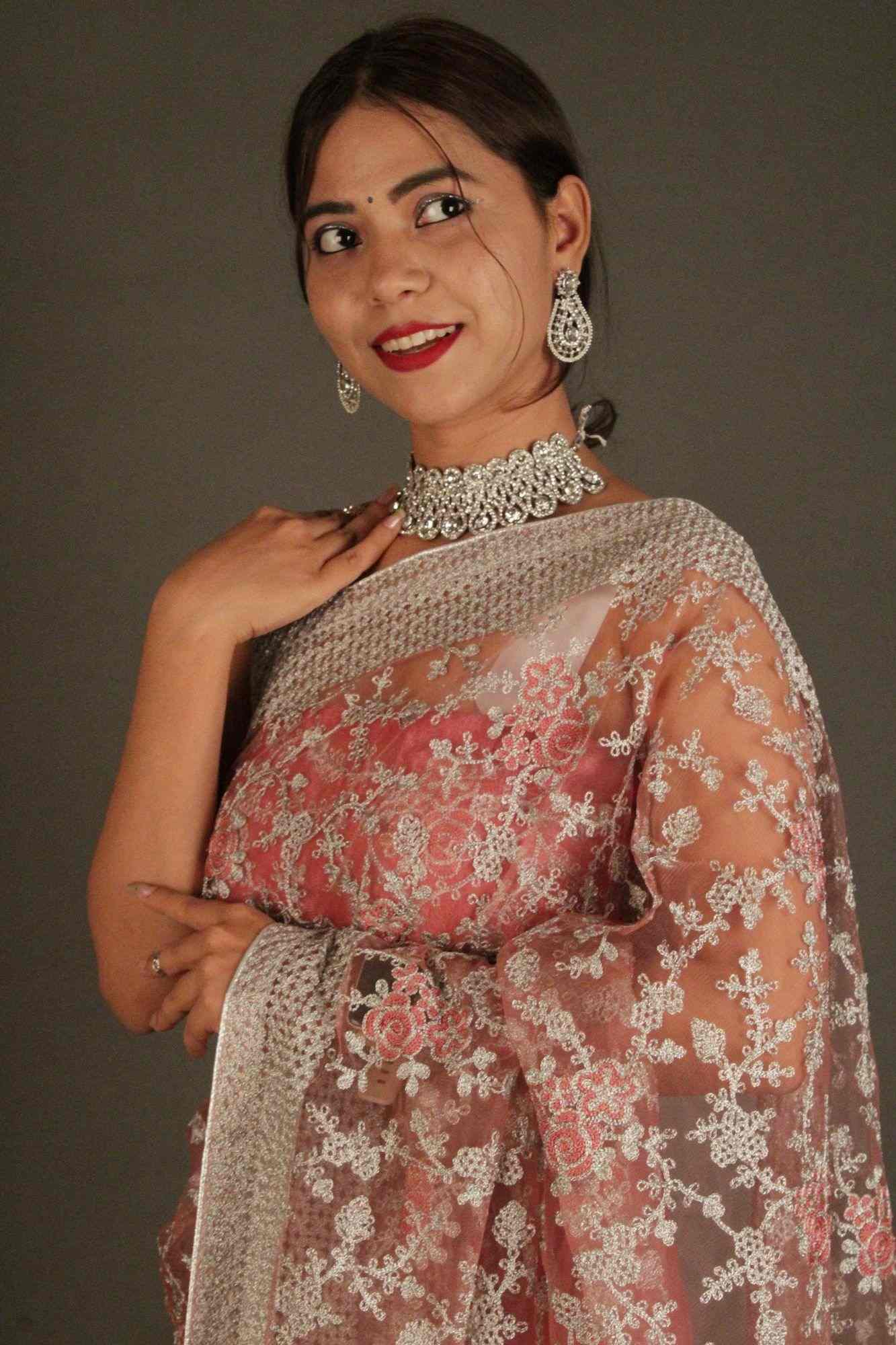 Pink Floral Zari thread Embroidered twinkiling Net Wrap in 1 minute saree with ready blouse - Isadora Life Online Shopping Store