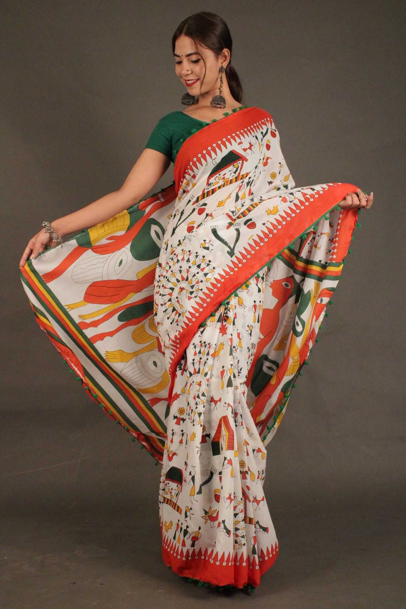 Saffron-White floral vegetable printed mul mul Cotton Wrap in 1 minute saree - Isadora Life Online Shopping Store