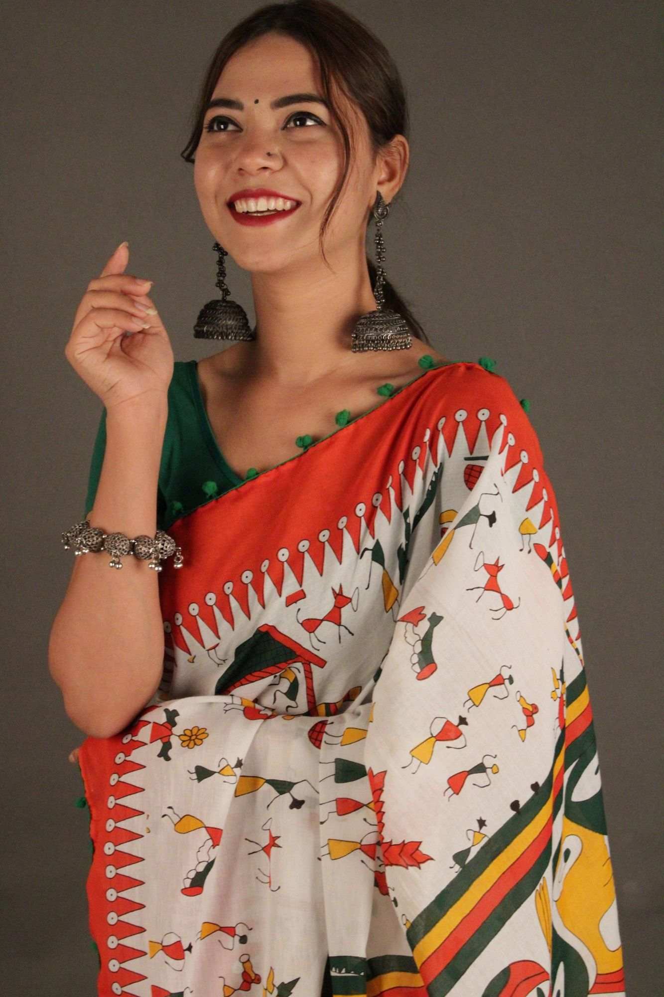 Saffron-White floral vegetable printed mul mul Cotton Wrap in 1 minute saree - Isadora Life Online Shopping Store