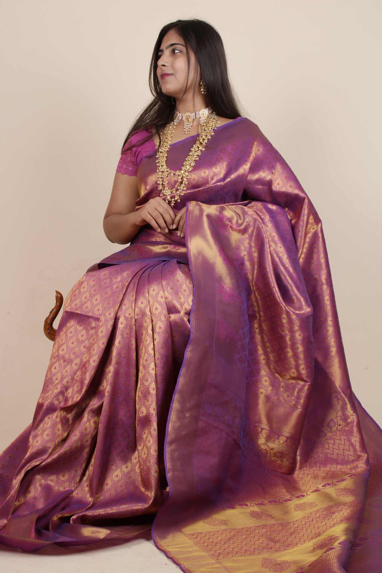 Wine gold kanjivaram dhoop chaanv all over wrap in 1 minute saree - Isadora Life Online Shopping Store