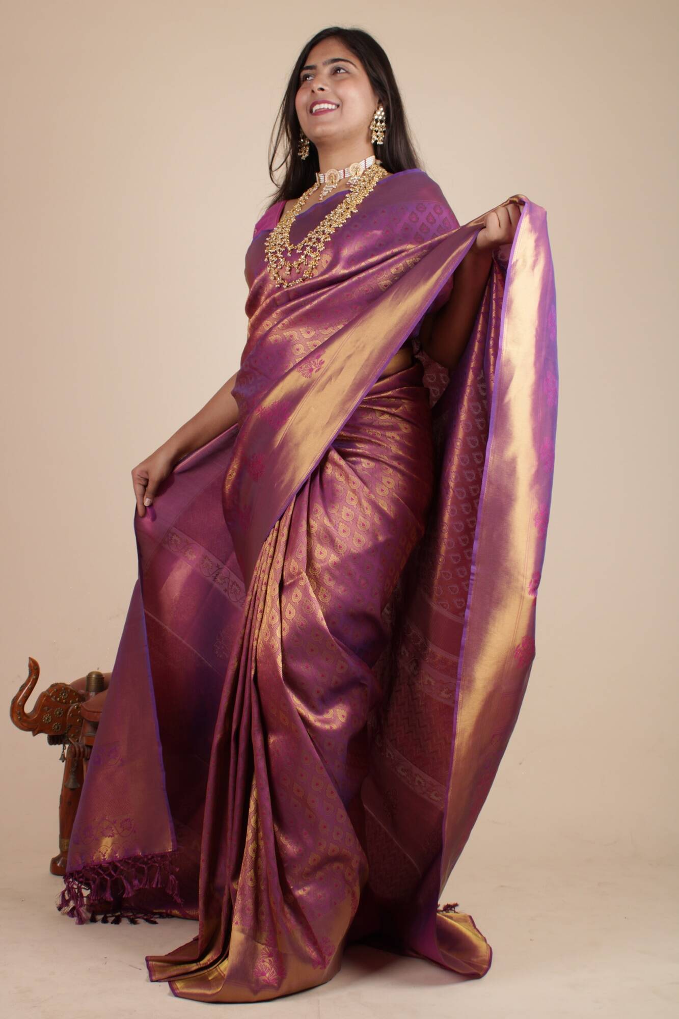 Wine gold kanjivaram dhoop chaanv all over wrap in 1 minute saree - Isadora Life Online Shopping Store