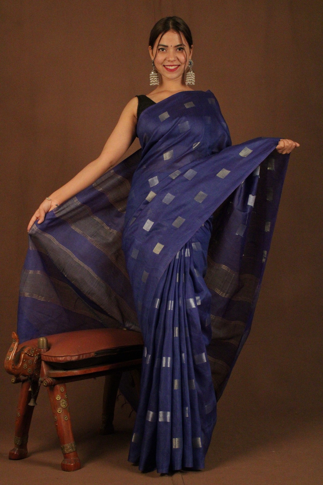 Royal navy blue cotton wilk with zari woven square Bootis Wrap in 1 minute saree - Isadora Life Online Shopping Store