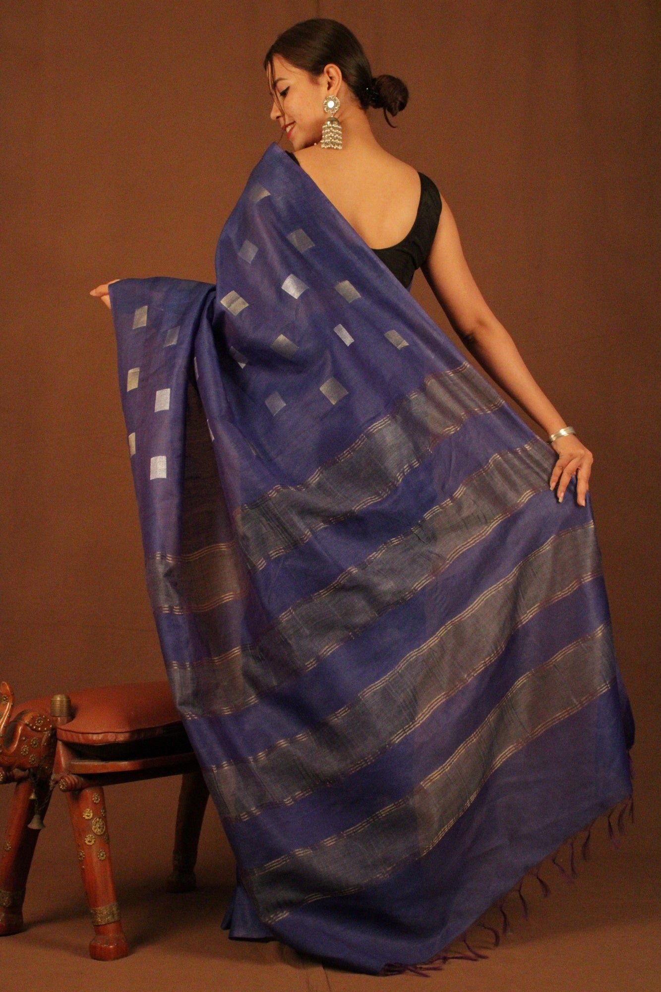 Royal navy blue cotton wilk with zari woven square Bootis Wrap in 1 minute saree - Isadora Life Online Shopping Store
