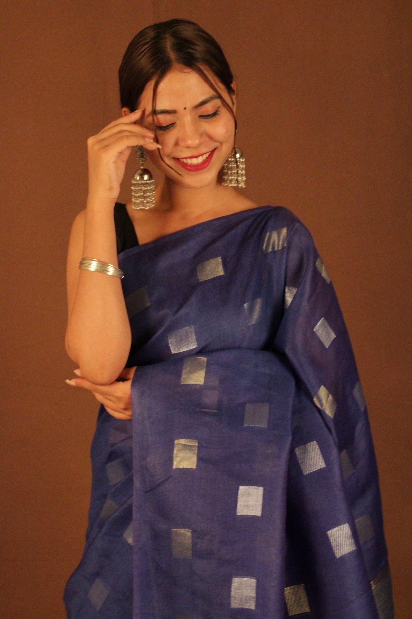 Royal navy blue cotton wilk with zari woven square Bootis Wrap in 1 minute saree - Isadora Life Online Shopping Store