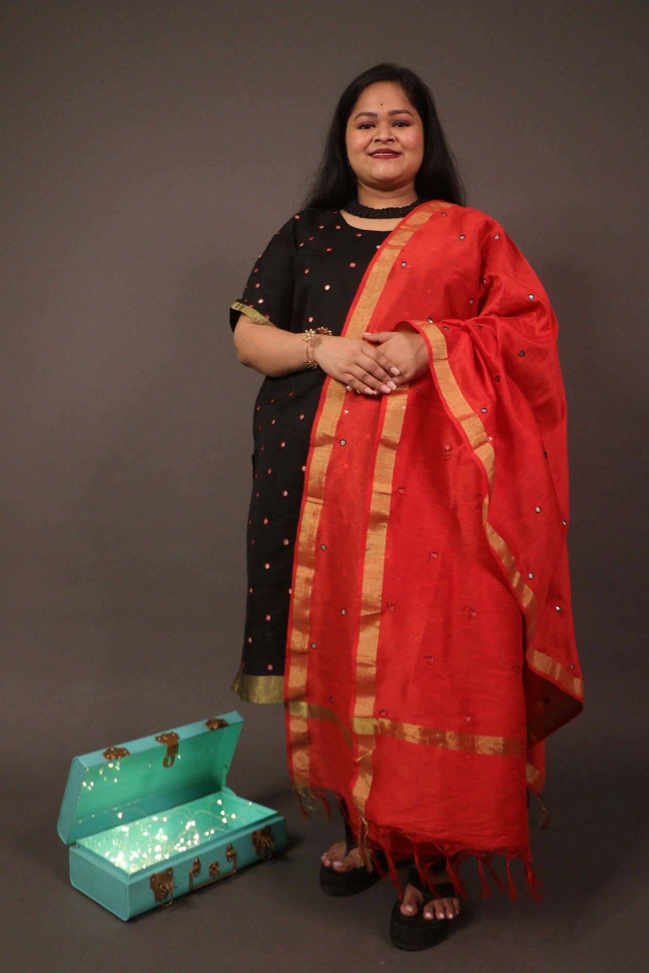 Red and black chanderi cotton mirror work kurta with beautiful dupatta readymade suit - Isadora Life Online Shopping Store