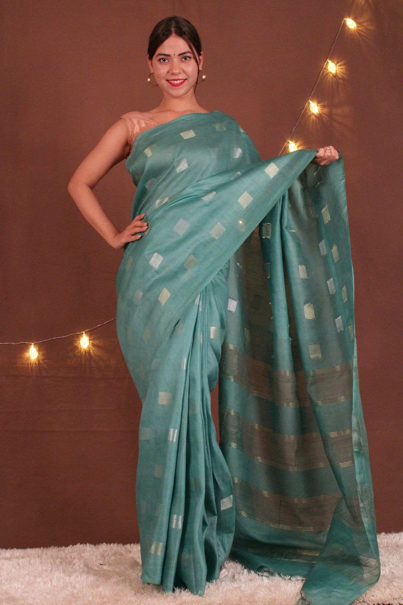 Sea Green Cotton silk woven Square Bootis Wrap In One Minute Saree - Isadora Life Online Shopping Store