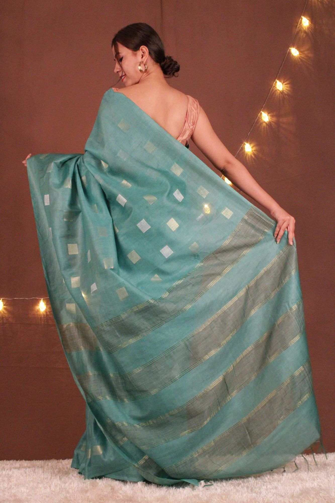 Sea Green Cotton silk woven Square Bootis Wrap In One Minute Saree - Isadora Life Online Shopping Store