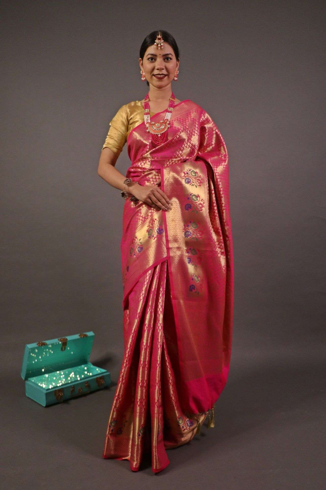 Banarasi with meena border and zari woven butis all over wrap in 1 minute saree - Isadora Life Online Shopping Store