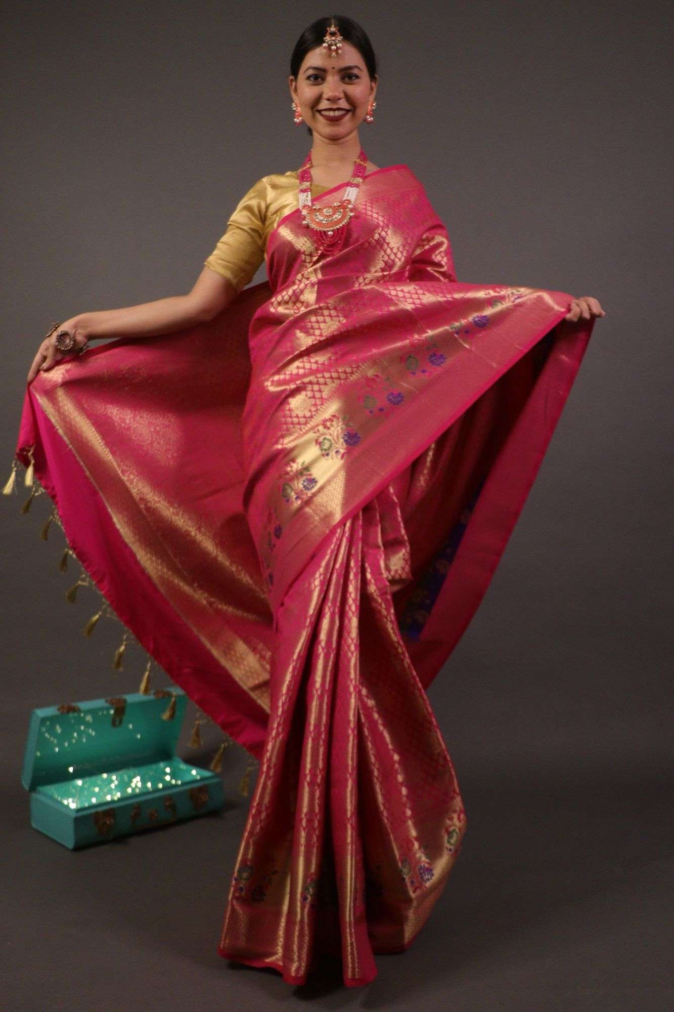 Banarasi with meena border and zari woven butis all over wrap in 1 minute saree - Isadora Life Online Shopping Store