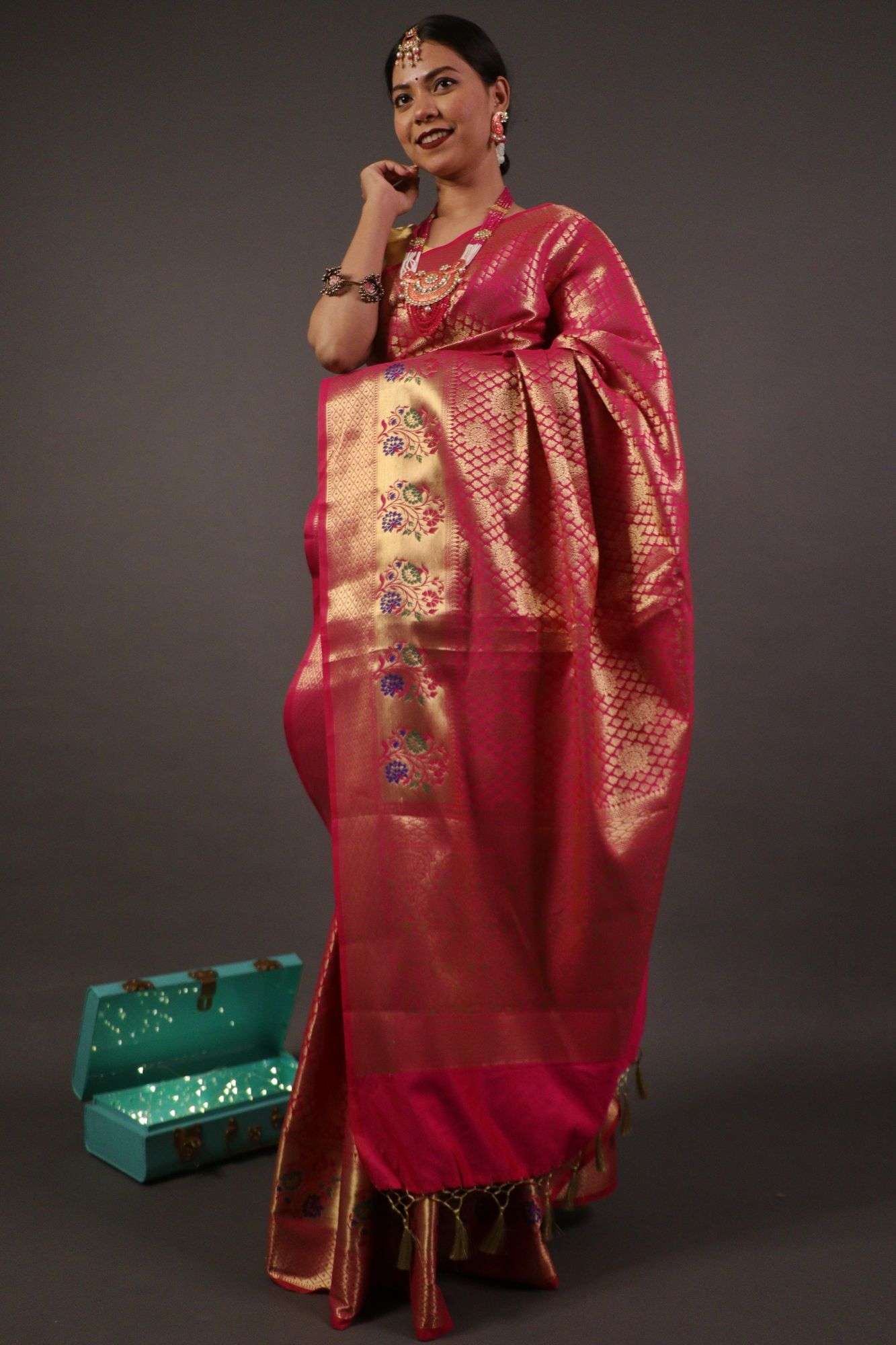 Banarasi with meena border and zari woven butis all over wrap in 1 minute saree - Isadora Life Online Shopping Store