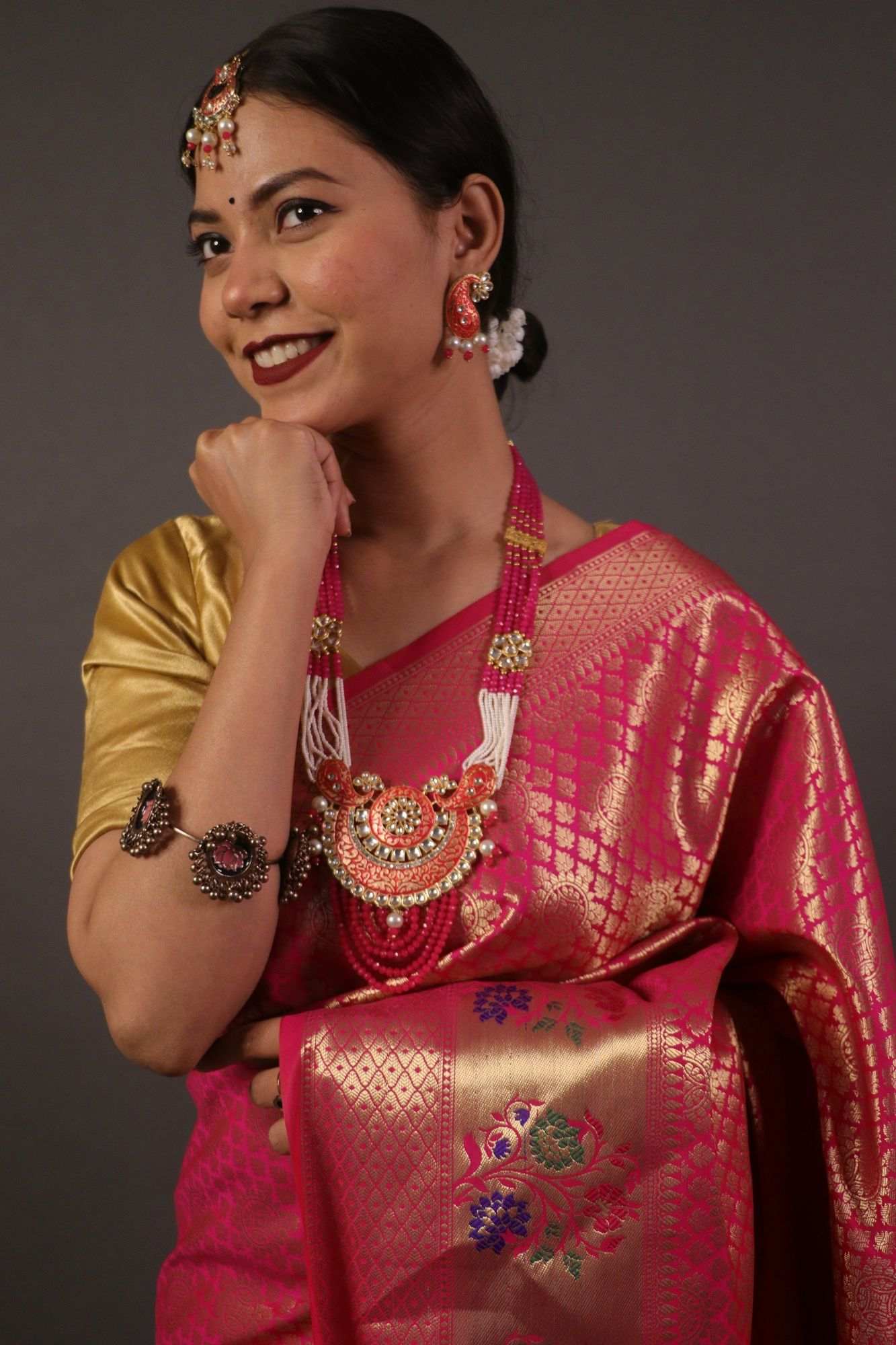 Banarasi with meena border and zari woven butis all over wrap in 1 minute saree - Isadora Life Online Shopping Store