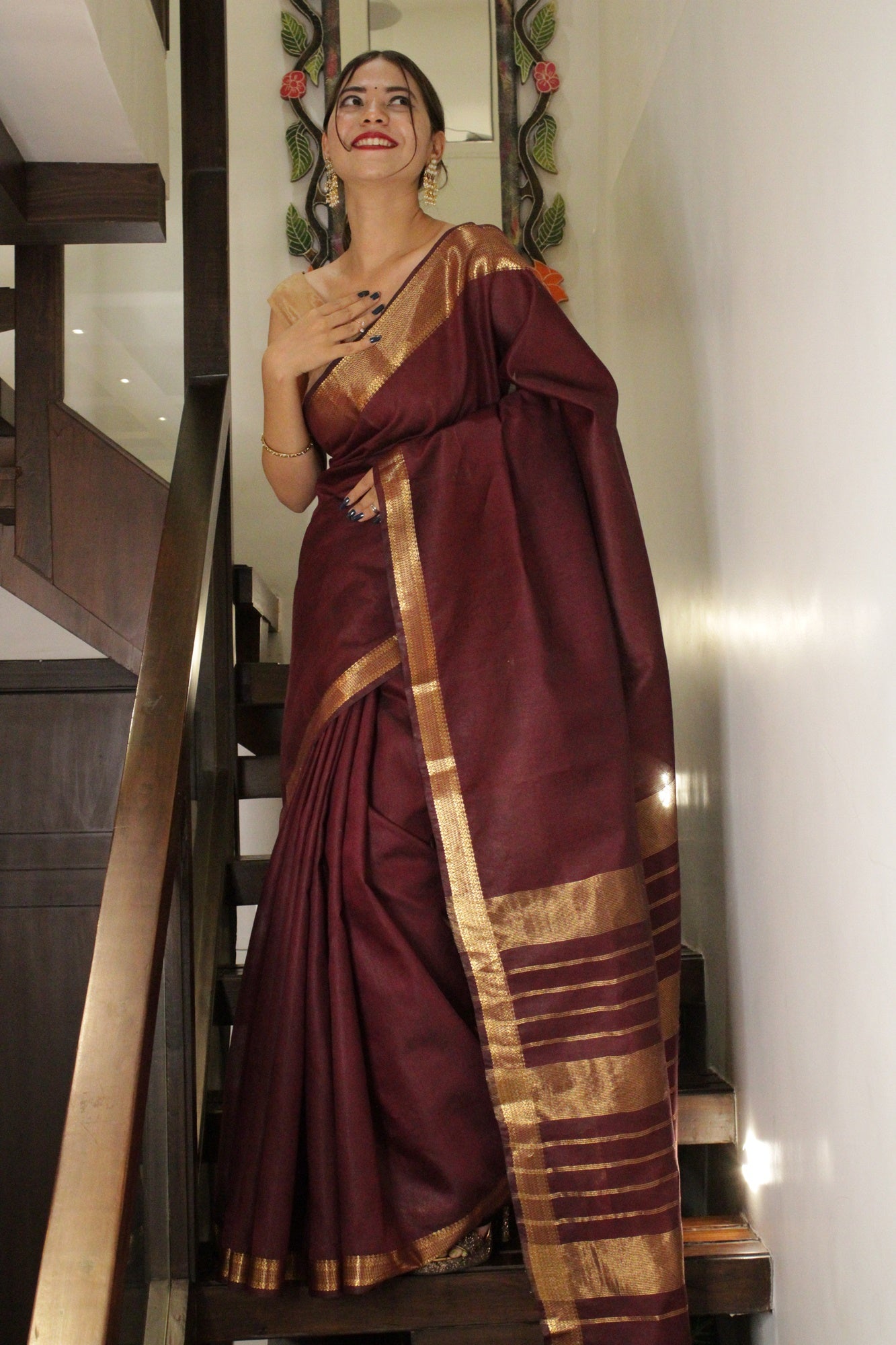 Maroon Manglagiri Copper Wrap In One Minute Saree - Isadora Life Online Shopping Store
