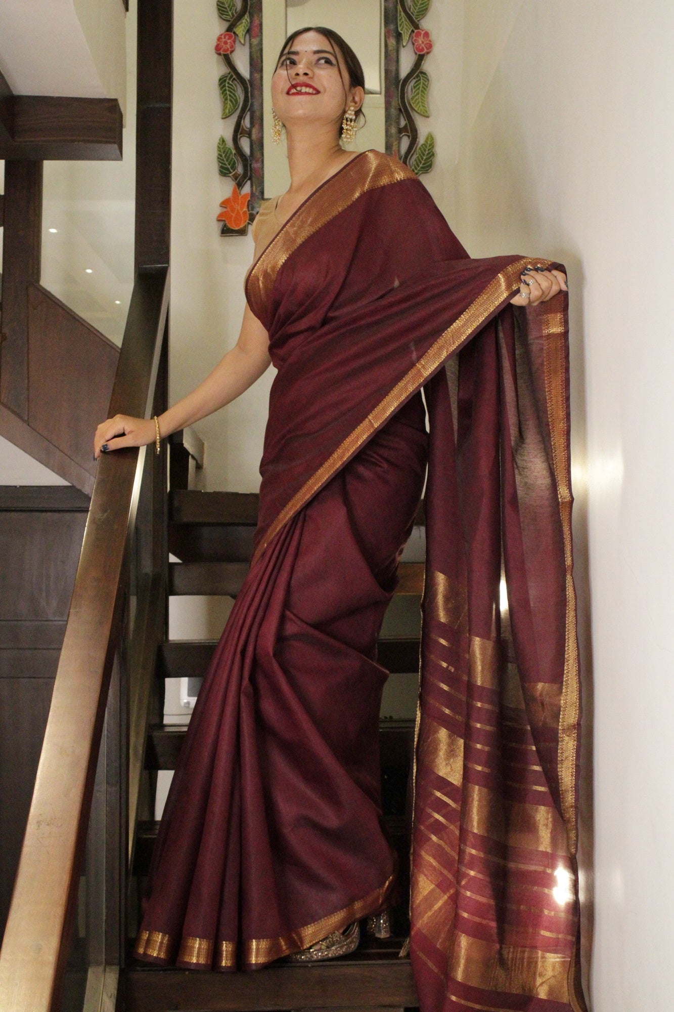 Maroon Manglagiri Copper Wrap In One Minute Saree - Isadora Life Online Shopping Store