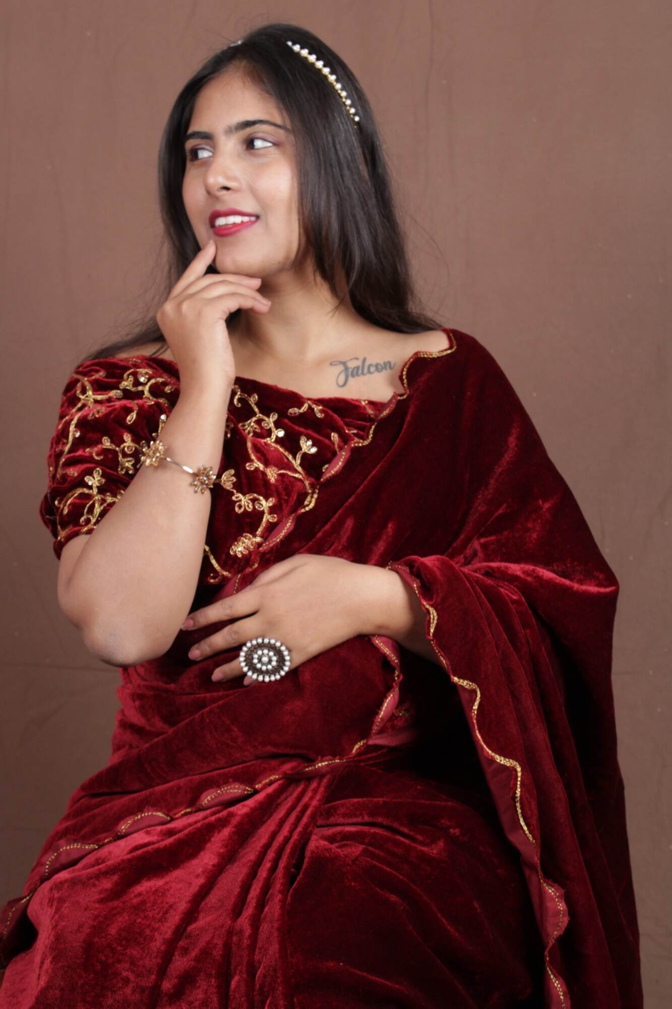 Beautiful Velvet Maroon solid saree with embroidered border wrap in 1 minute saree - Isadora Life Online Shopping Store