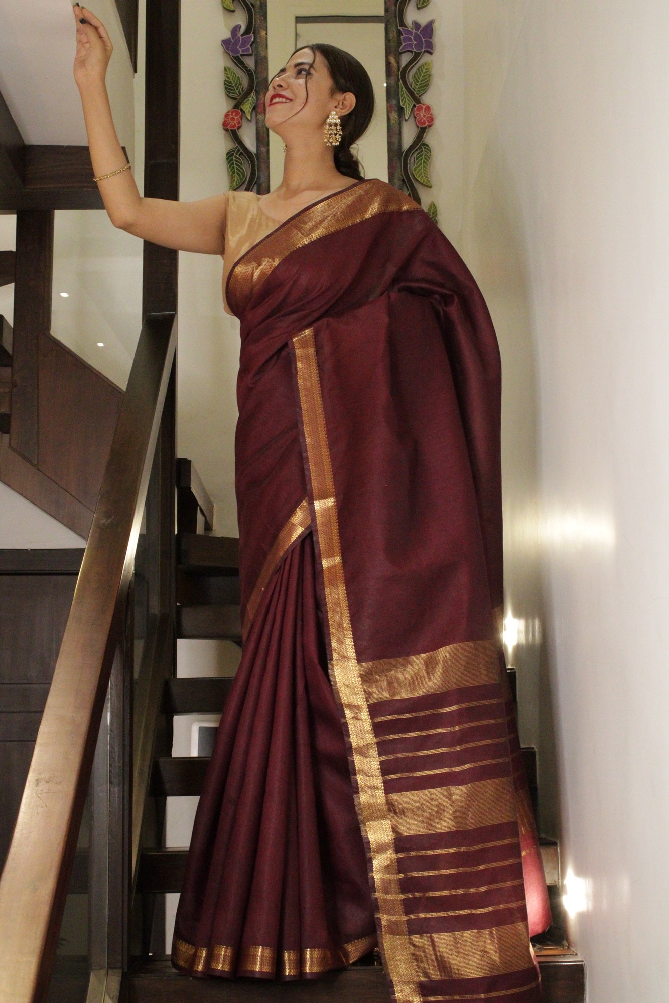 Maroon Manglagiri Copper Wrap In One Minute Saree - Isadora Life Online Shopping Store