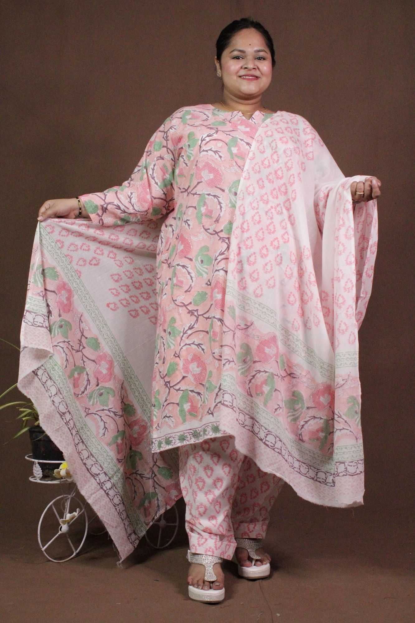 Pink-White Floral Printed Cotton Ready to wear Salwar-Kameez with Dupatta - Isadora Life Online Shopping Store