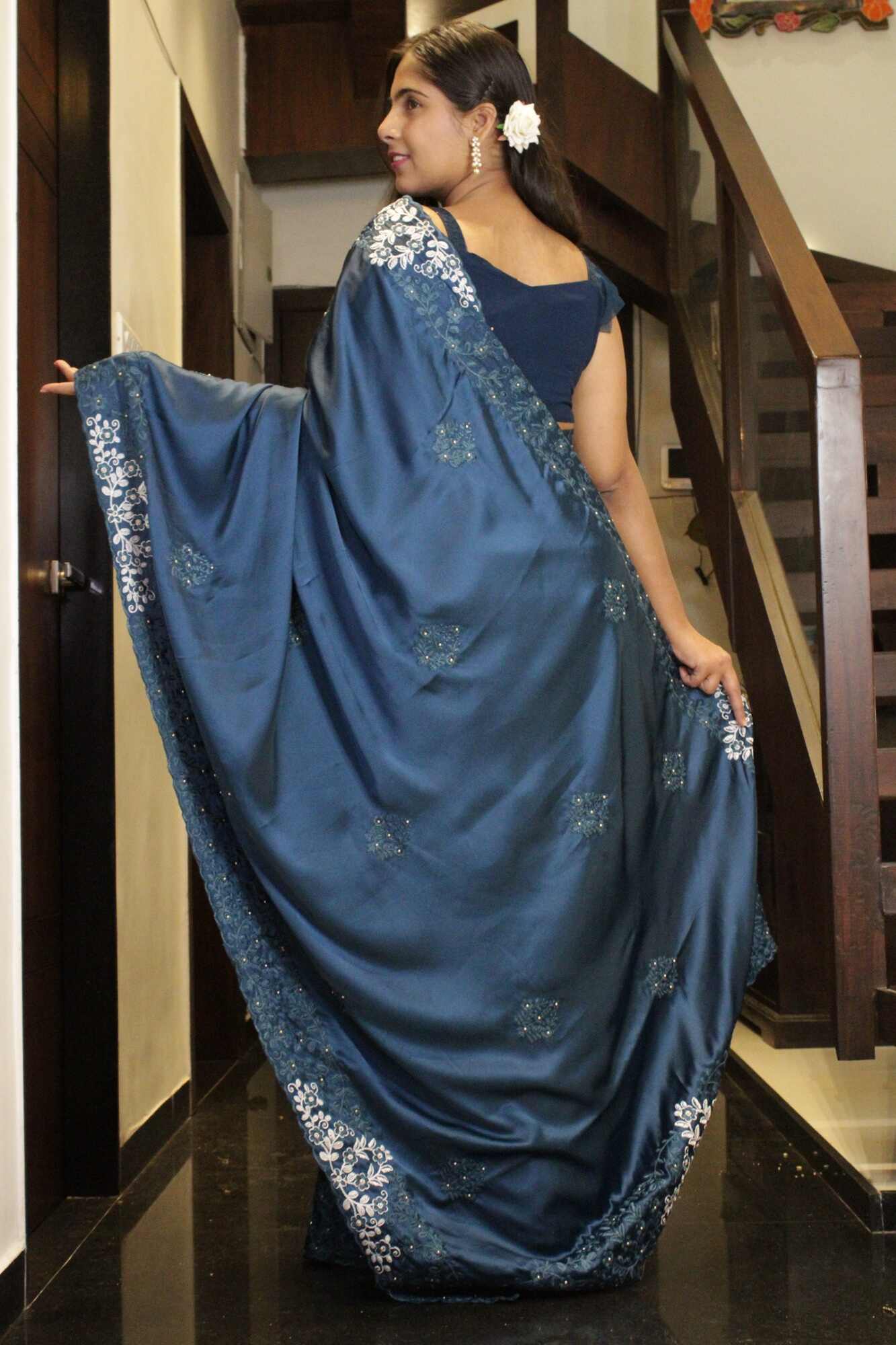 Classy Satin Crepe Parsi Gara-Style Embroidery Wrap in 1 Minute Saree with complementary readymade blouse - Isadora Life Online Shopping Store