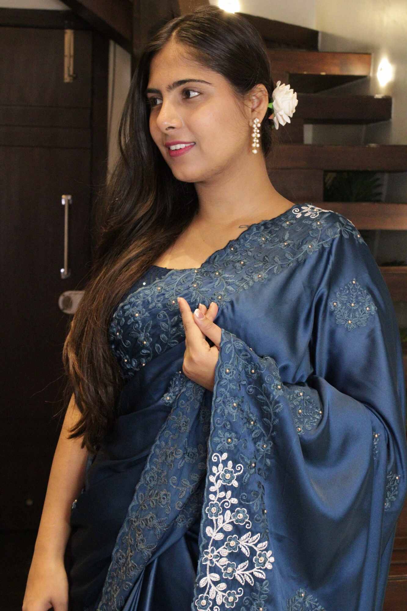 Classy Satin Crepe Parsi Gara-Style Embroidery Wrap in 1 Minute Saree with complementary readymade blouse - Isadora Life Online Shopping Store