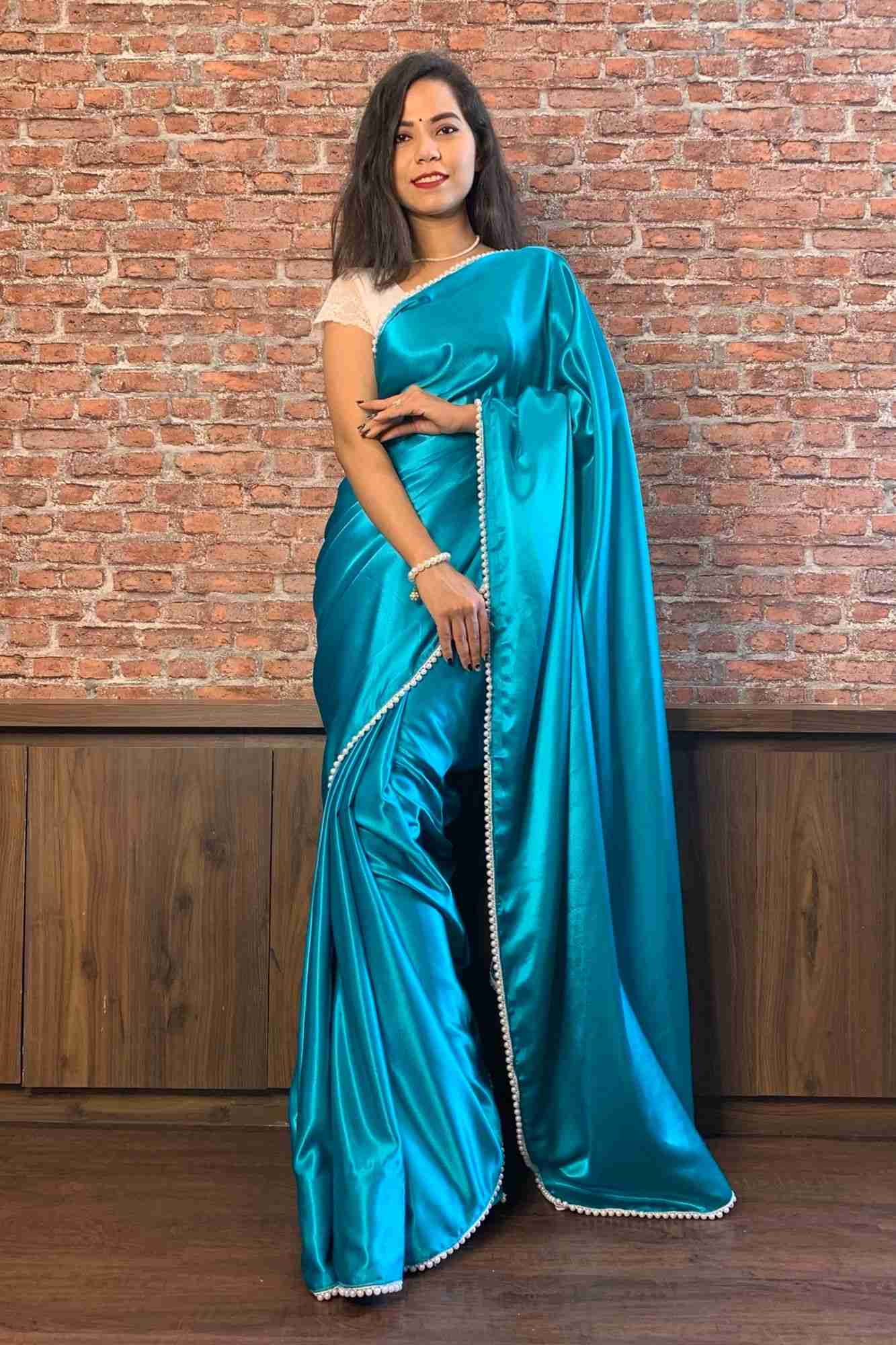 Blue satin with moti lace wrap in 1 minute saree - Isadora Life Online Shopping Store