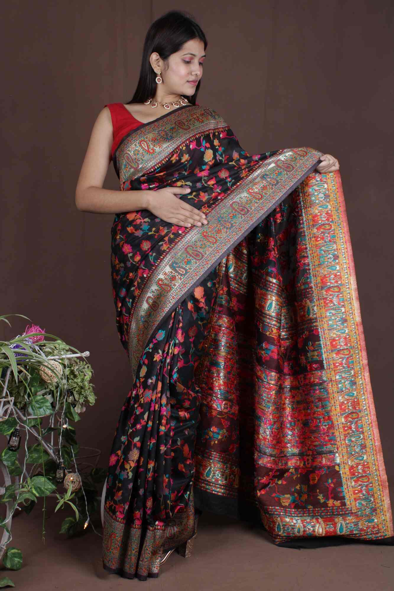 Black Modal Woven pashmina with woven ornate pallu prestitched Wrap in 1 minute saree - Isadora Life Online Shopping Store