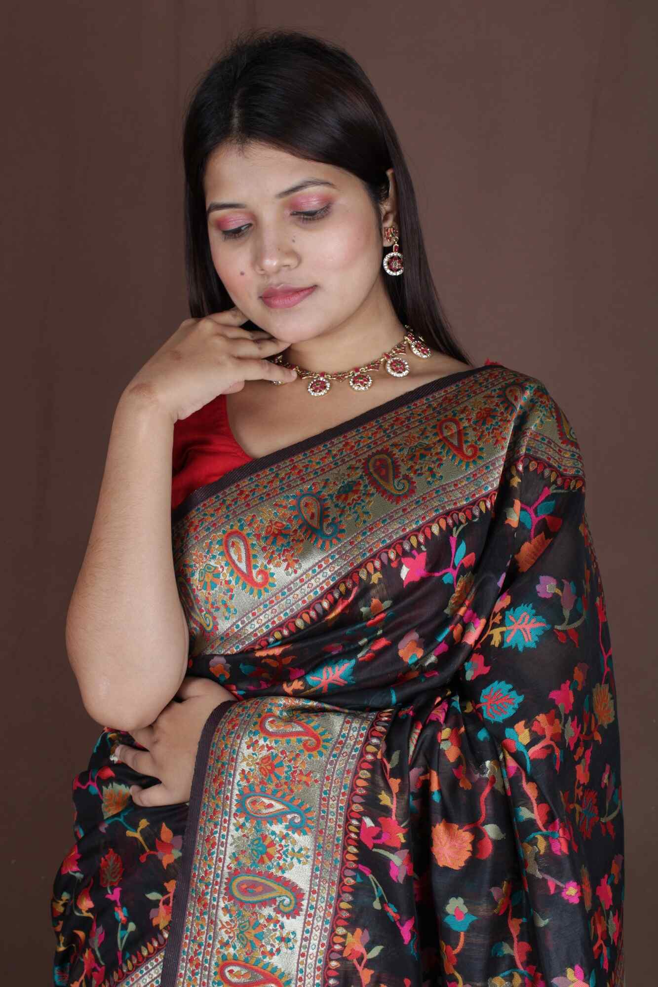 Black Modal Woven pashmina with woven ornate pallu prestitched Wrap in 1 minute saree - Isadora Life Online Shopping Store