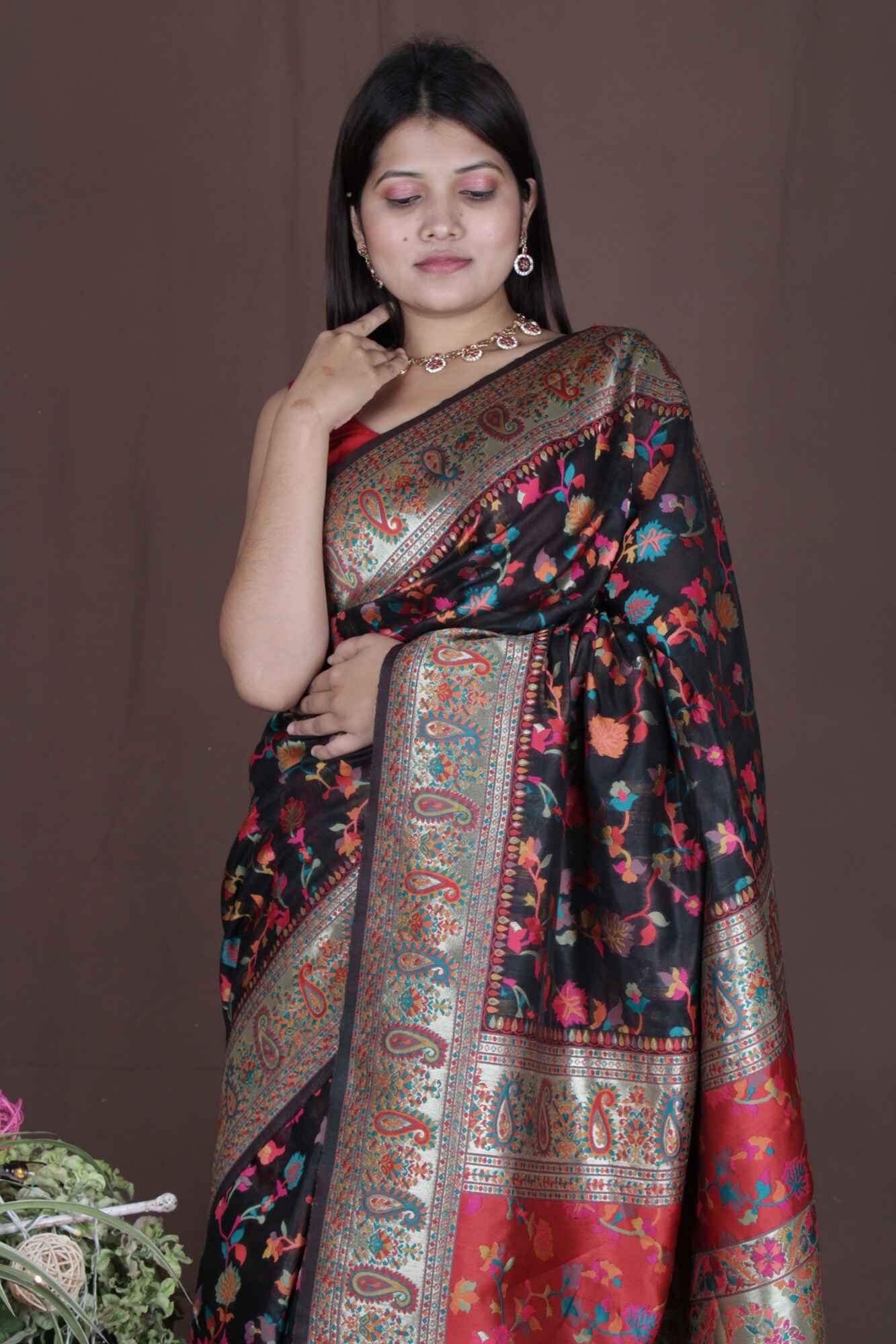 Black Modal Woven pashmina with woven ornate pallu prestitched Wrap in 1 minute saree - Isadora Life Online Shopping Store