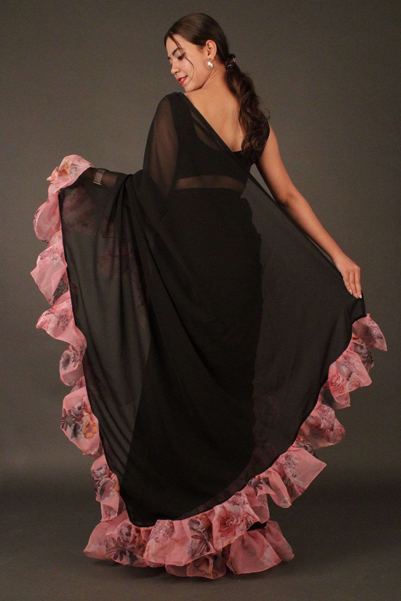 Black Georgette with Rosy Pink Ruffled Border Wrap in 1 minute saree - Isadora Life Online Shopping Store