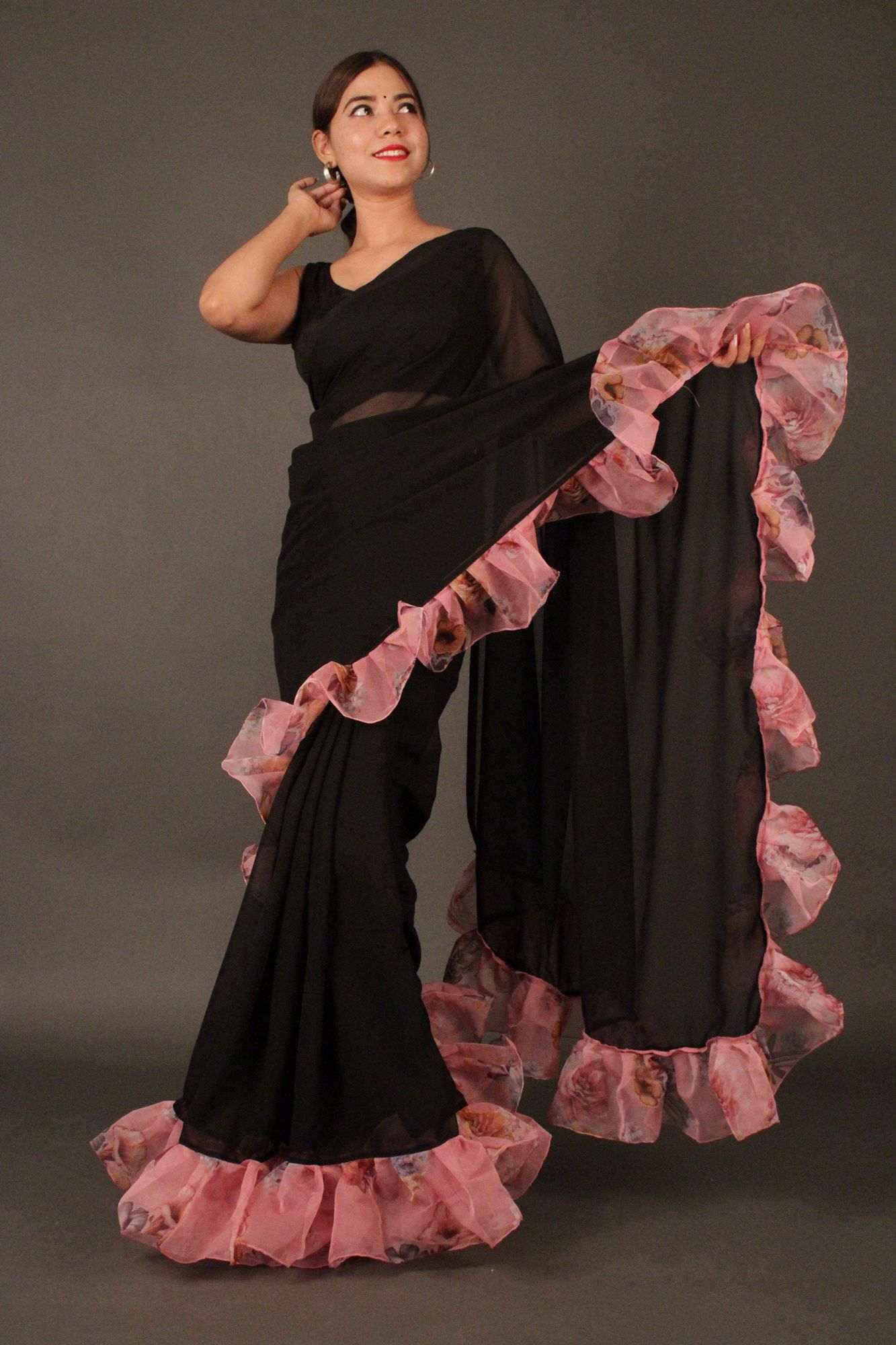 Black Georgette with Rosy Pink Ruffled Border Wrap in 1 minute saree - Isadora Life Online Shopping Store