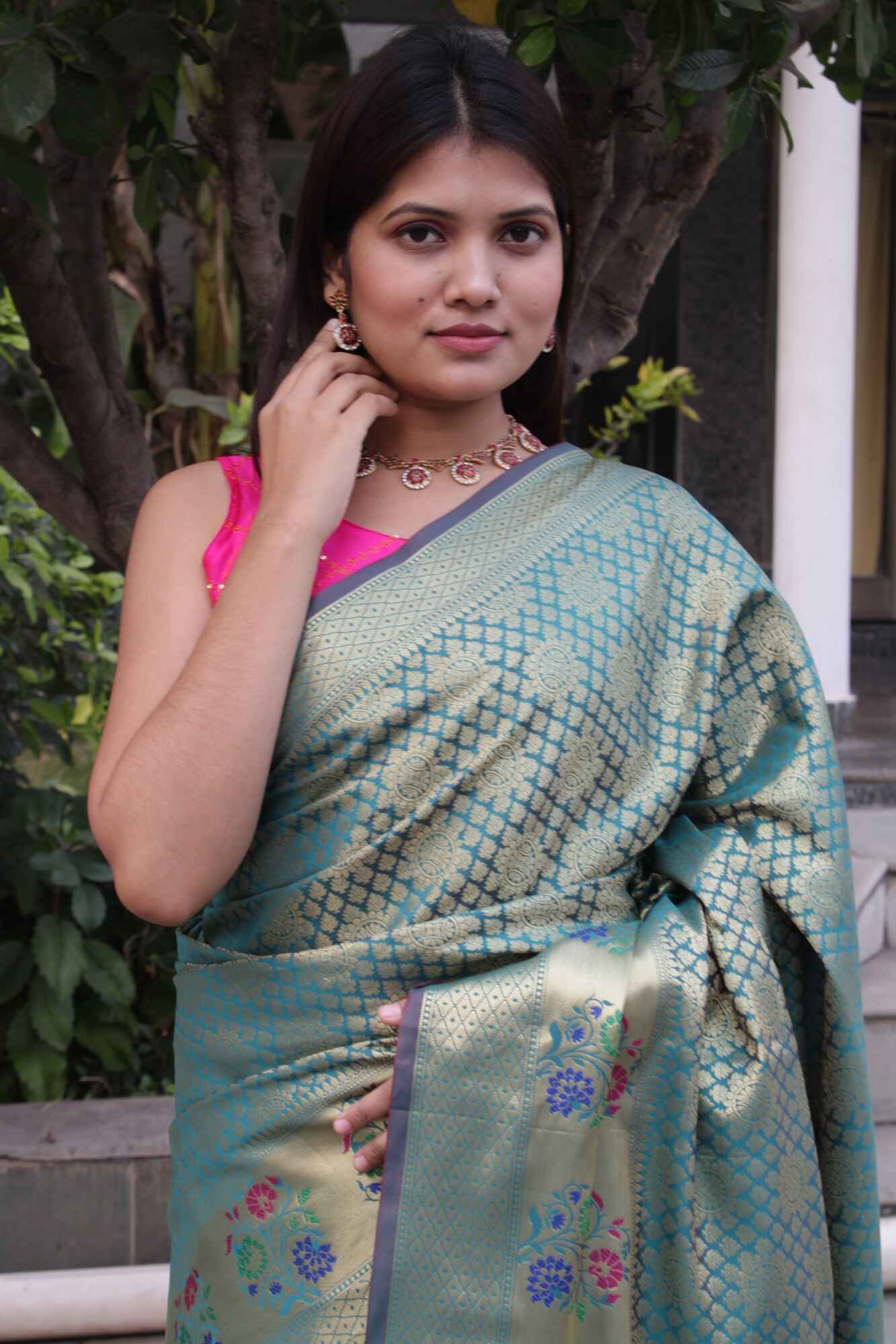 Mehendi green dhoop chaanv banarasi meenkari border stitched pleated wrap in 1 minute saree - Isadora Life Online Shopping Store