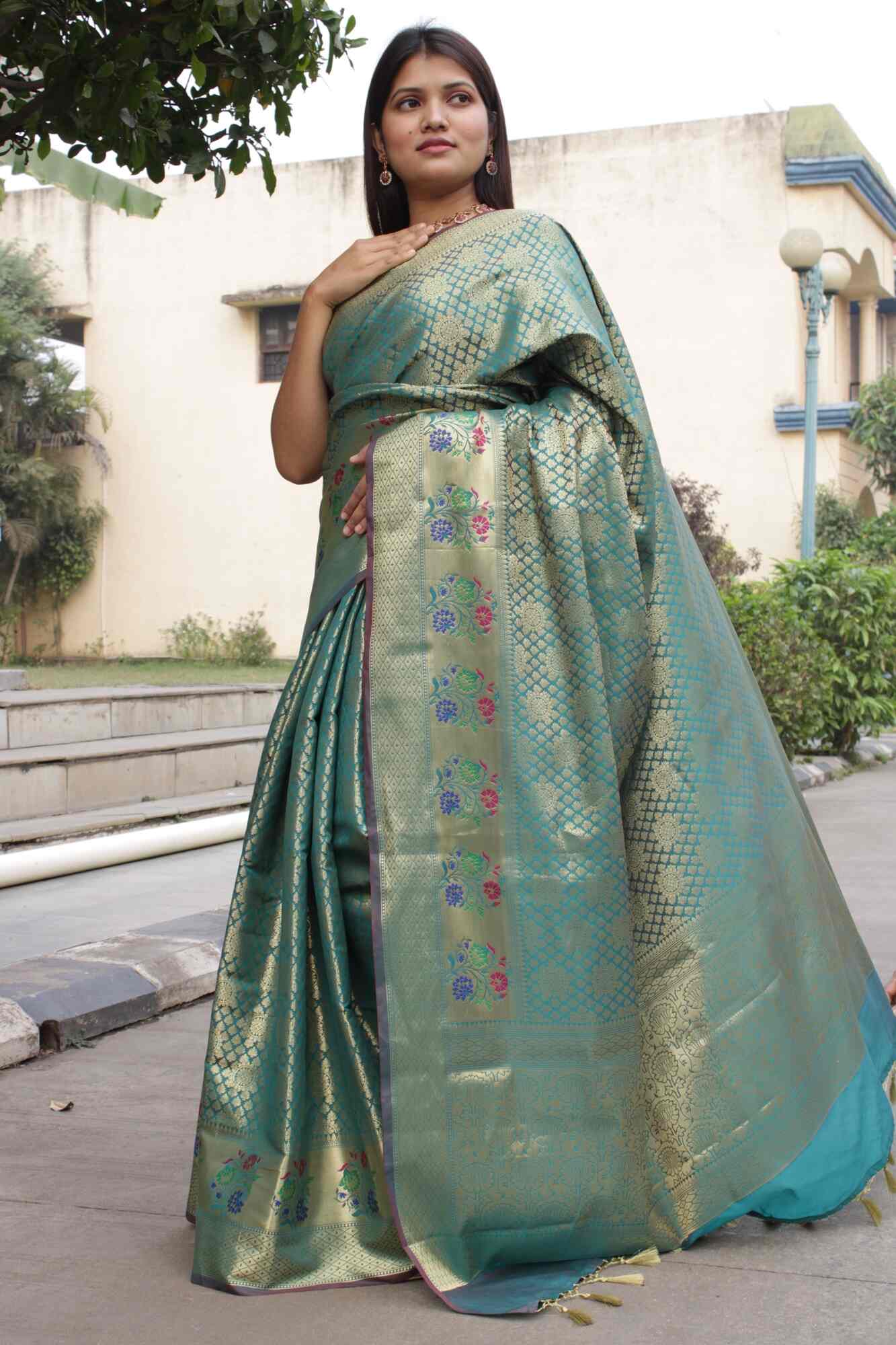 Mehendi green dhoop chaanv banarasi meenkari border stitched pleated wrap in 1 minute saree - Isadora Life Online Shopping Store