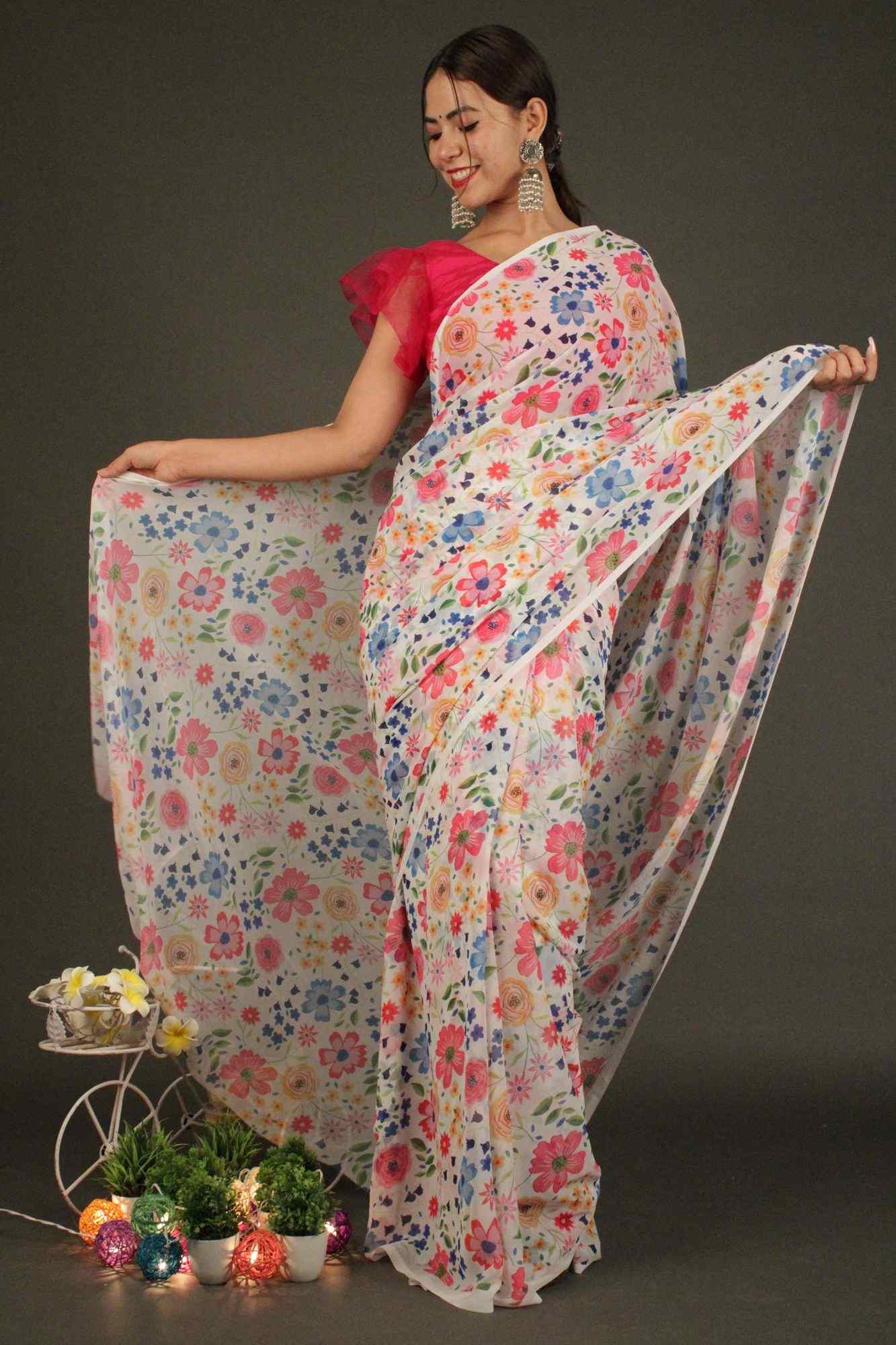 White-Multicolor Floral Printed Georgette Wrap in 1 minute saree - Isadora Life Online Shopping Store