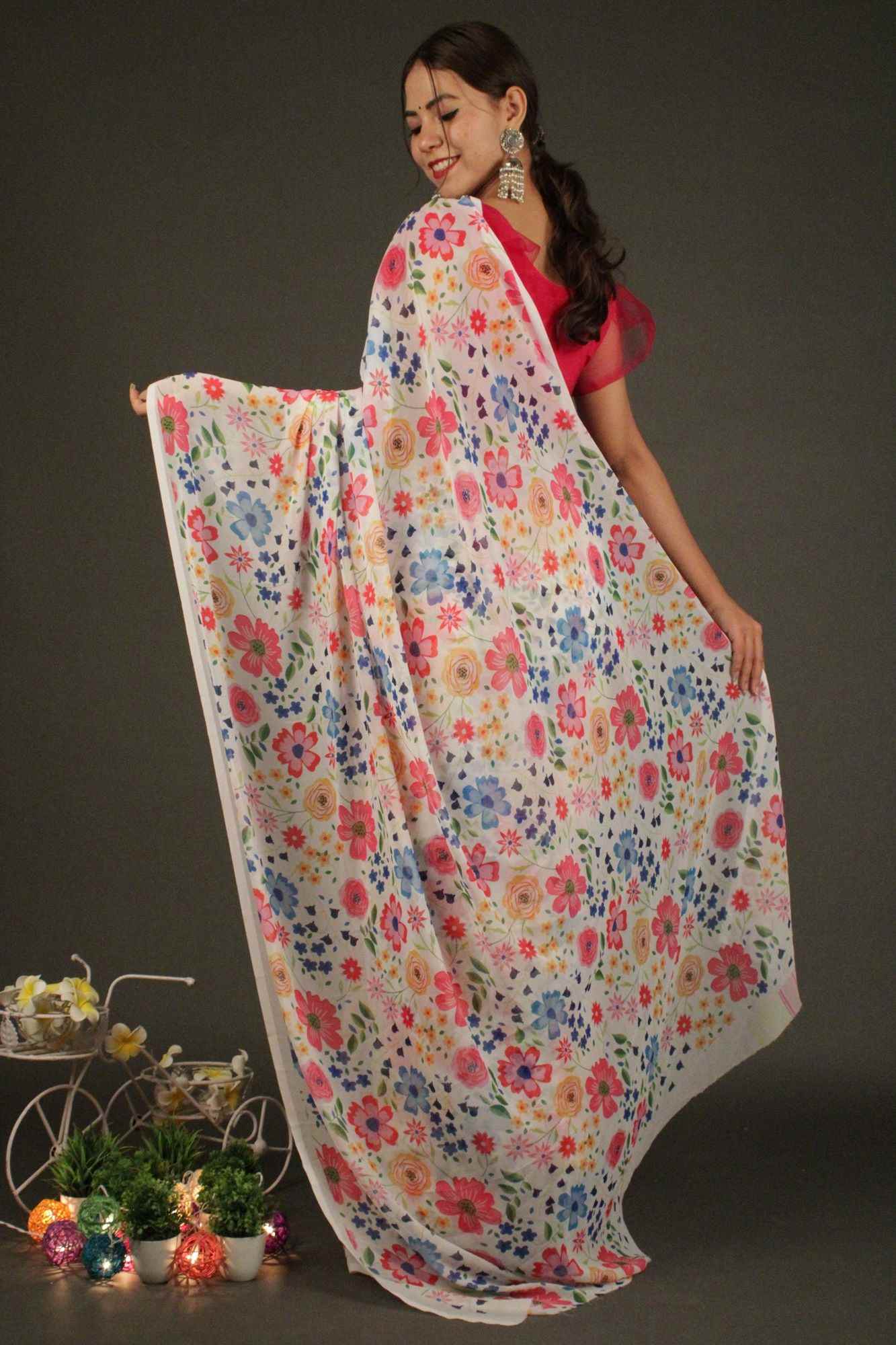 White-Multicolor Floral Printed Georgette Wrap in 1 minute saree - Isadora Life Online Shopping Store