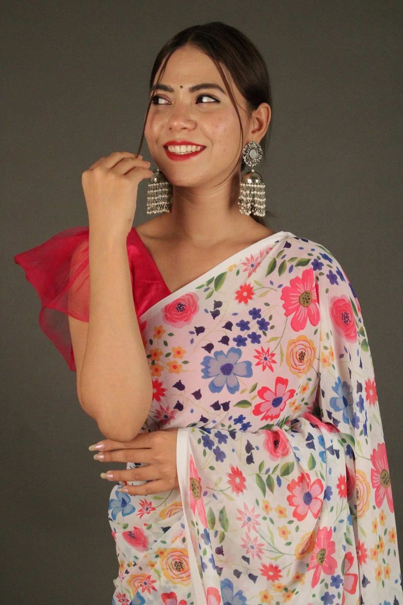 White-Multicolor Floral Printed Georgette Wrap in 1 minute saree - Isadora Life Online Shopping Store