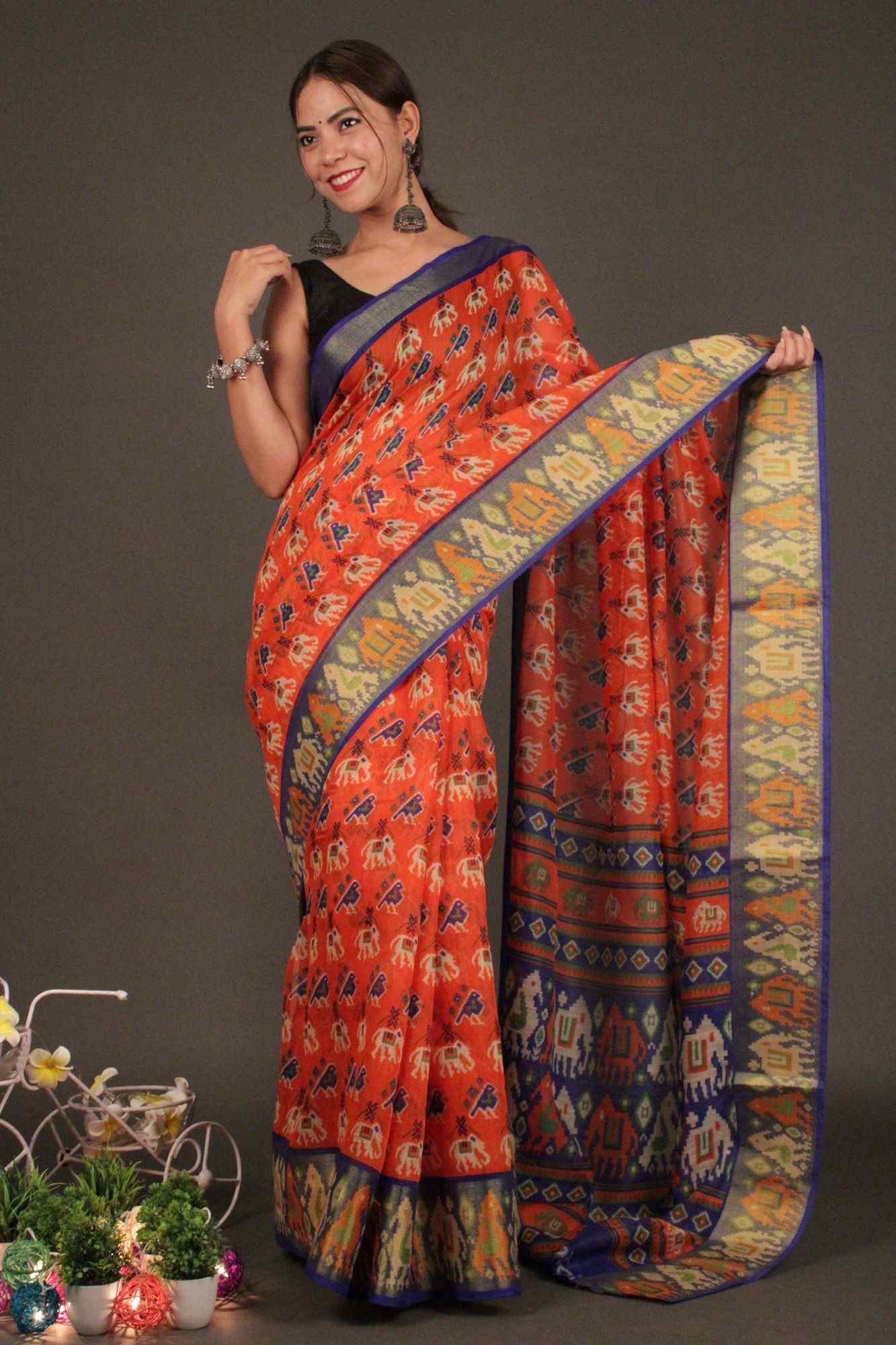 Orange-Blue Ikat Cotton Linen with zari border Wrap in 1 minute saree - Isadora Life Online Shopping Store