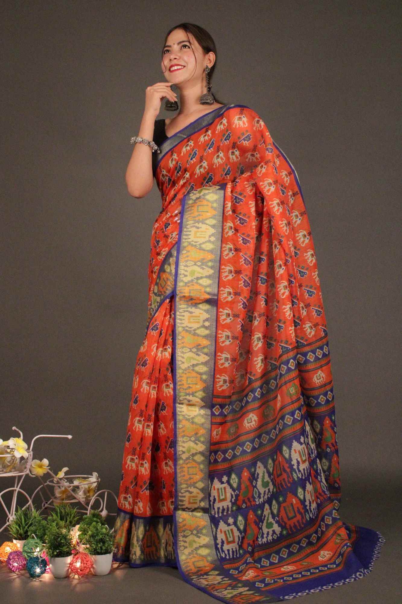 Orange-Blue Ikat Cotton Linen with zari border Wrap in 1 minute saree - Isadora Life Online Shopping Store