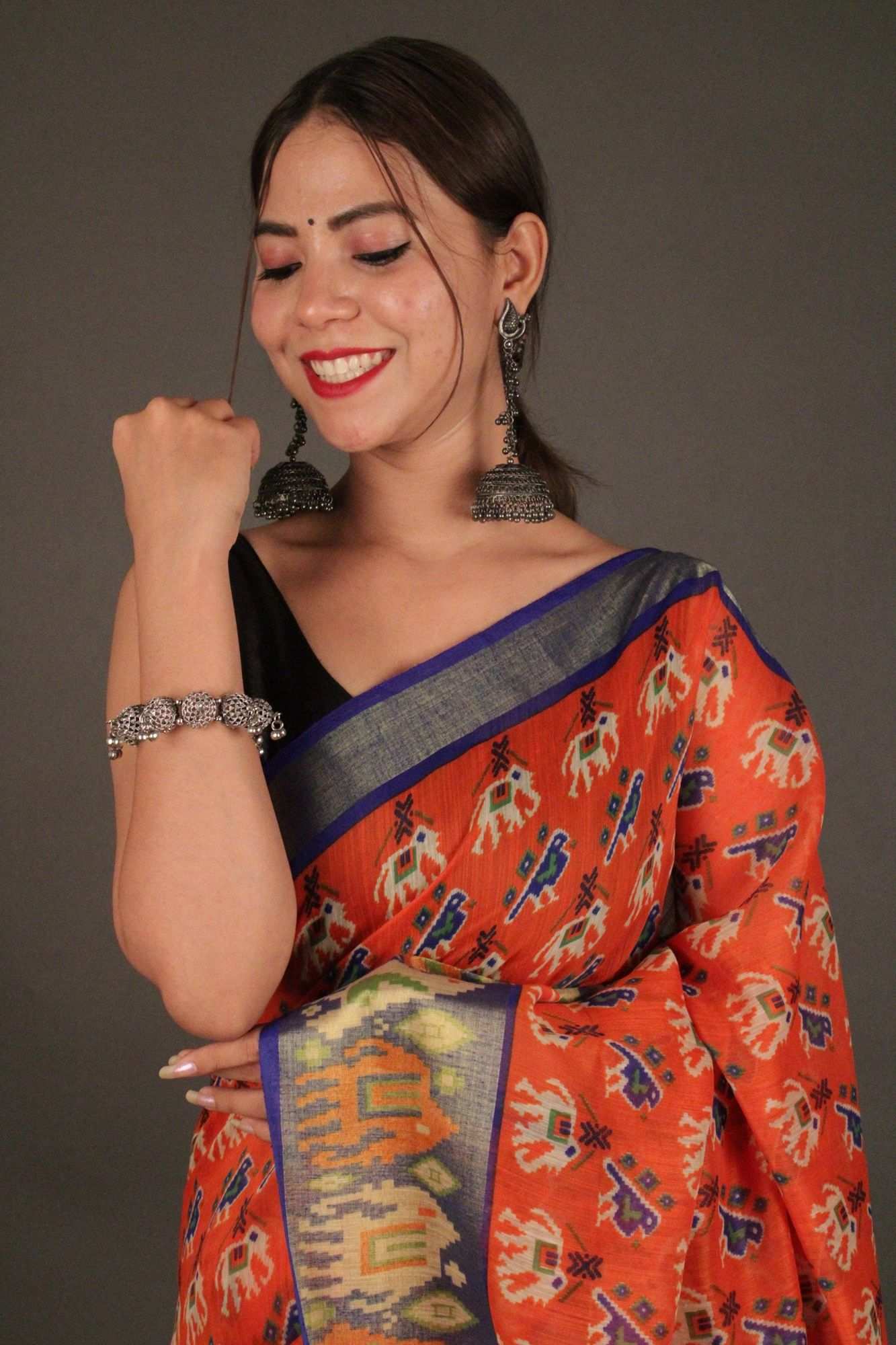 Orange-Blue Ikat Cotton Linen with zari border Wrap in 1 minute saree - Isadora Life Online Shopping Store